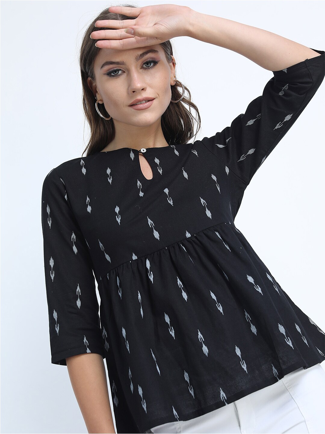 

Vishudh Black & White Print Keyhole Neck Pure Cotton Peplum Top