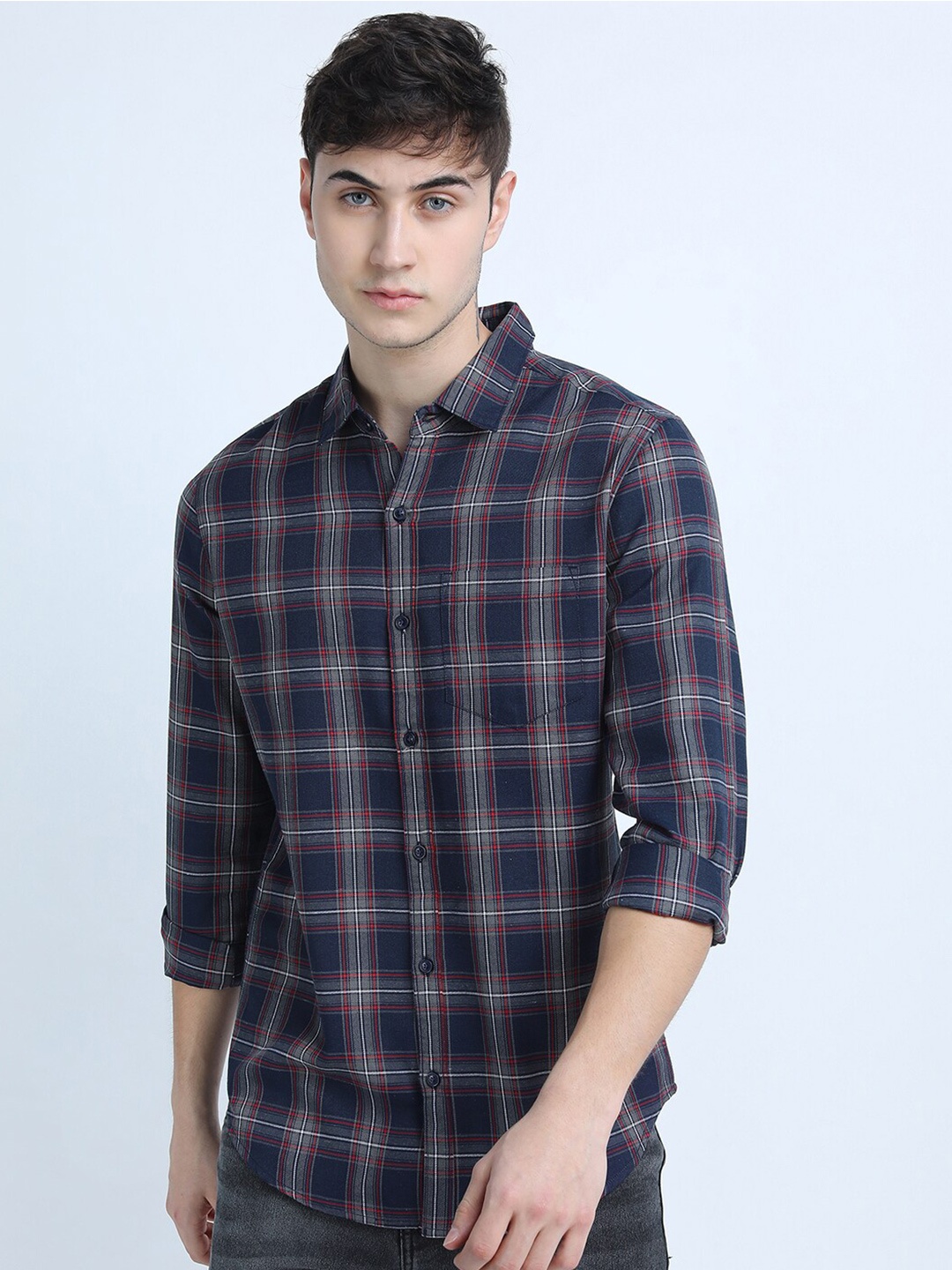 

KETCH Men Navy Blue Slim Fit Tartan Checks Checked Casual Shirt