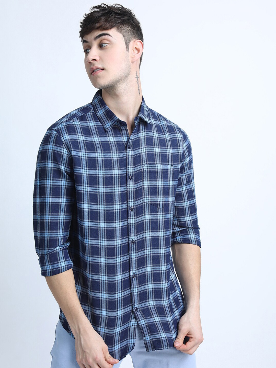 KETCH Men Blue Slim Fit Tartan Checks Checked Casual Shirt