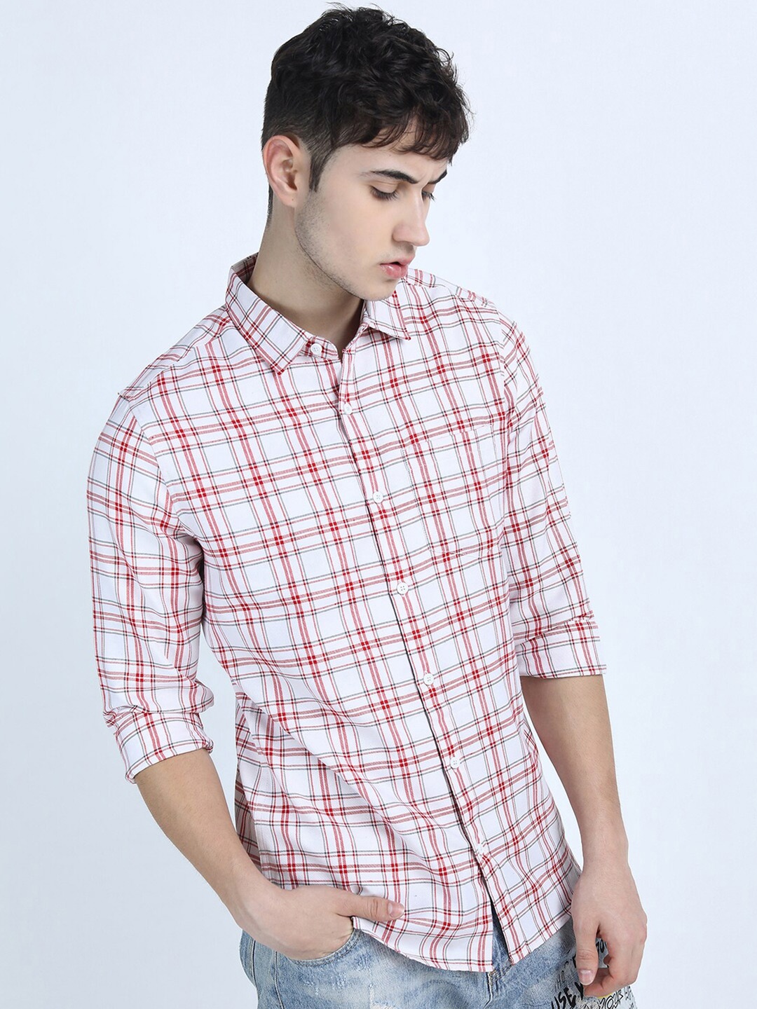 

KETCH Men White & Red Slim Fit Tartan Checks Checked Casual Shirt