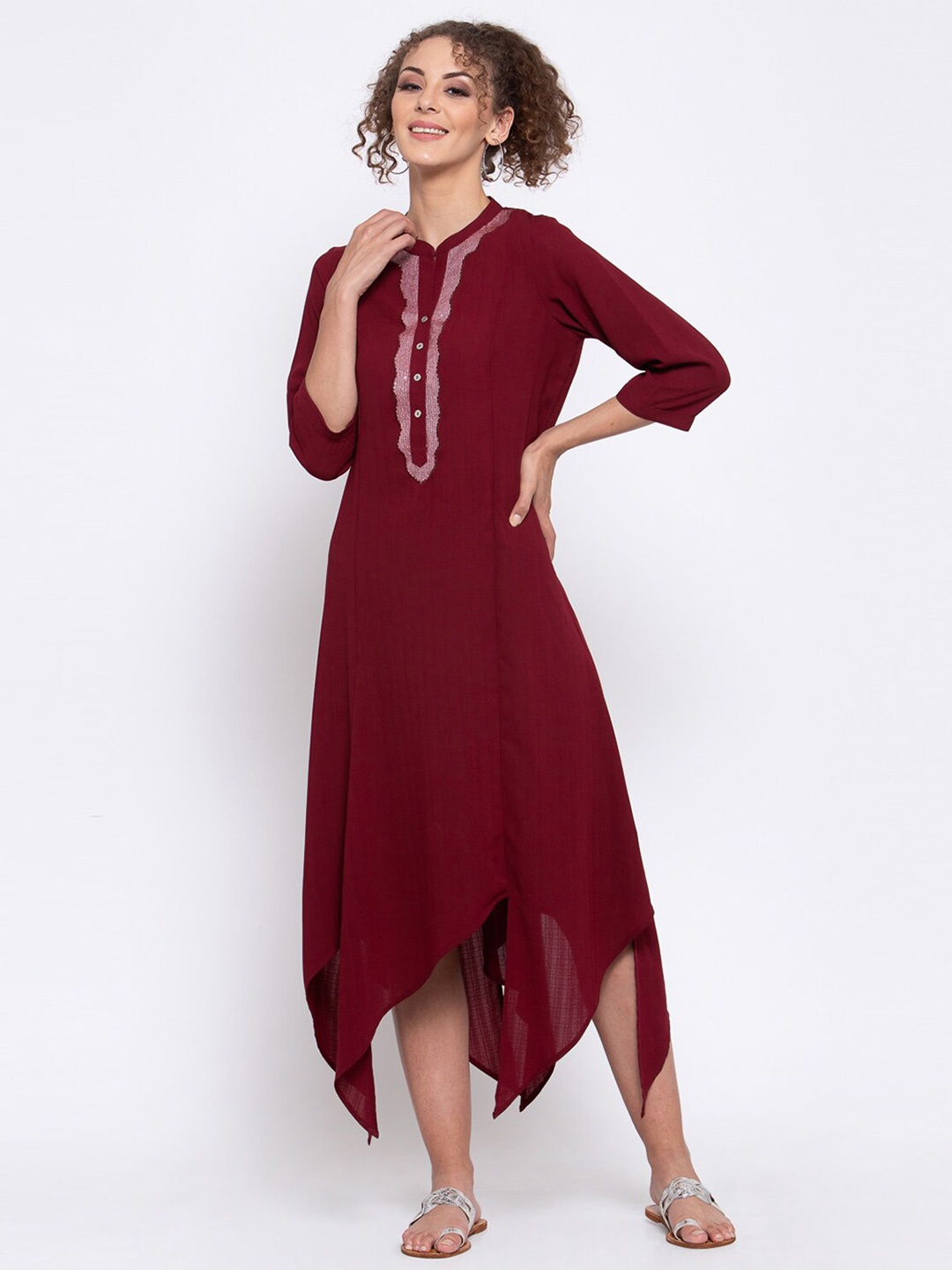 

LELA Maroon Ethnic A-Line Midi Dress