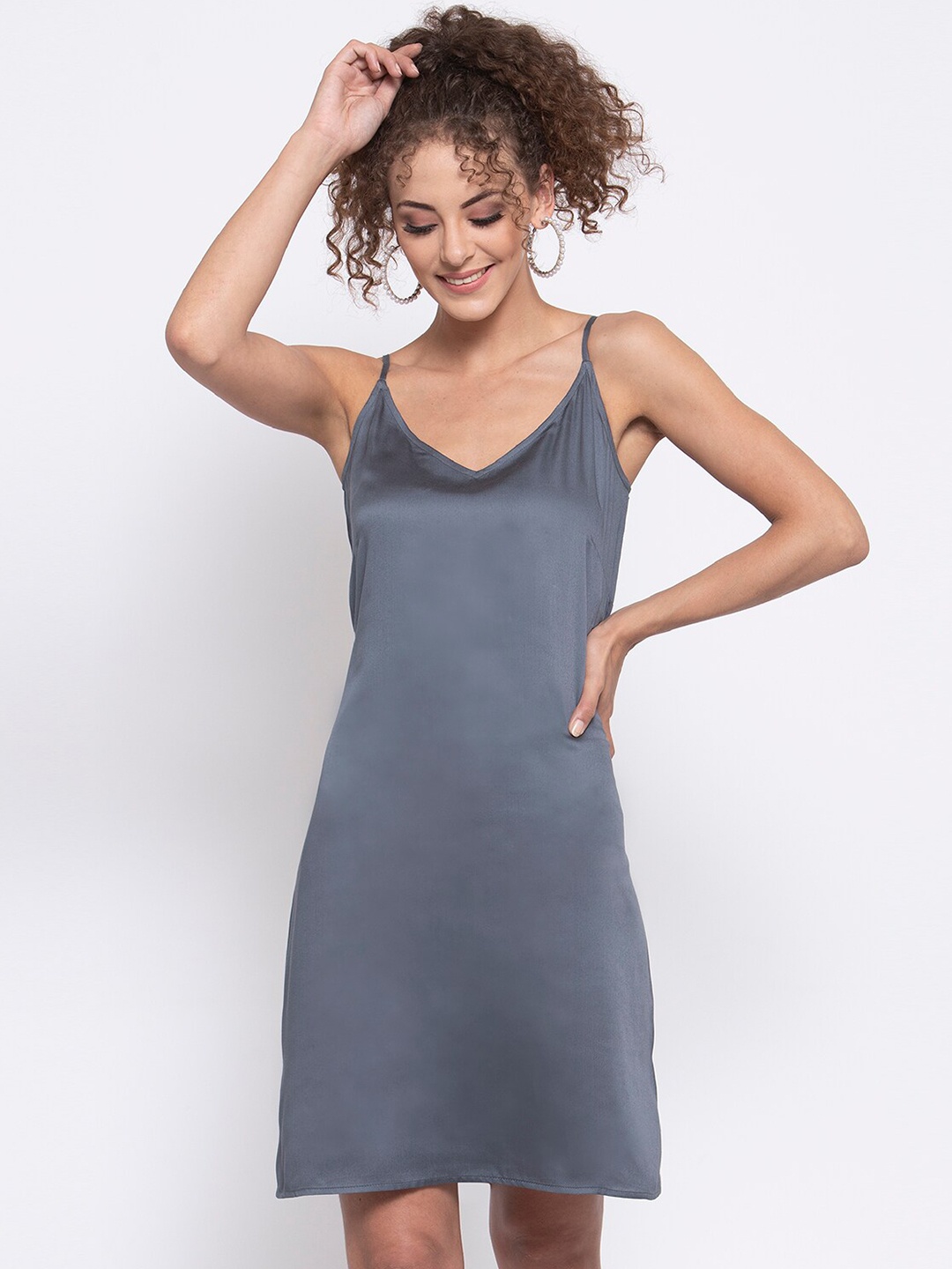 

LELA Charcoal Solid Satin A-Line Spaghetti Dress