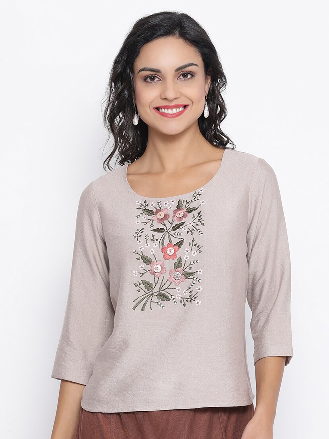 

LELA Women Beige Floral Embroidered Top