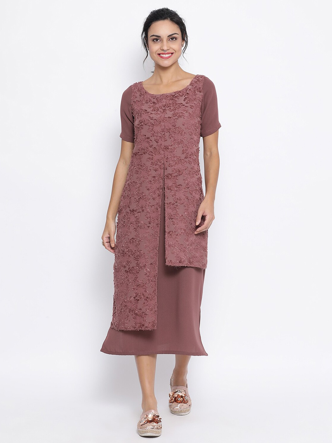 

LELA Purple Layered Jacquard A-Line Midi Dress