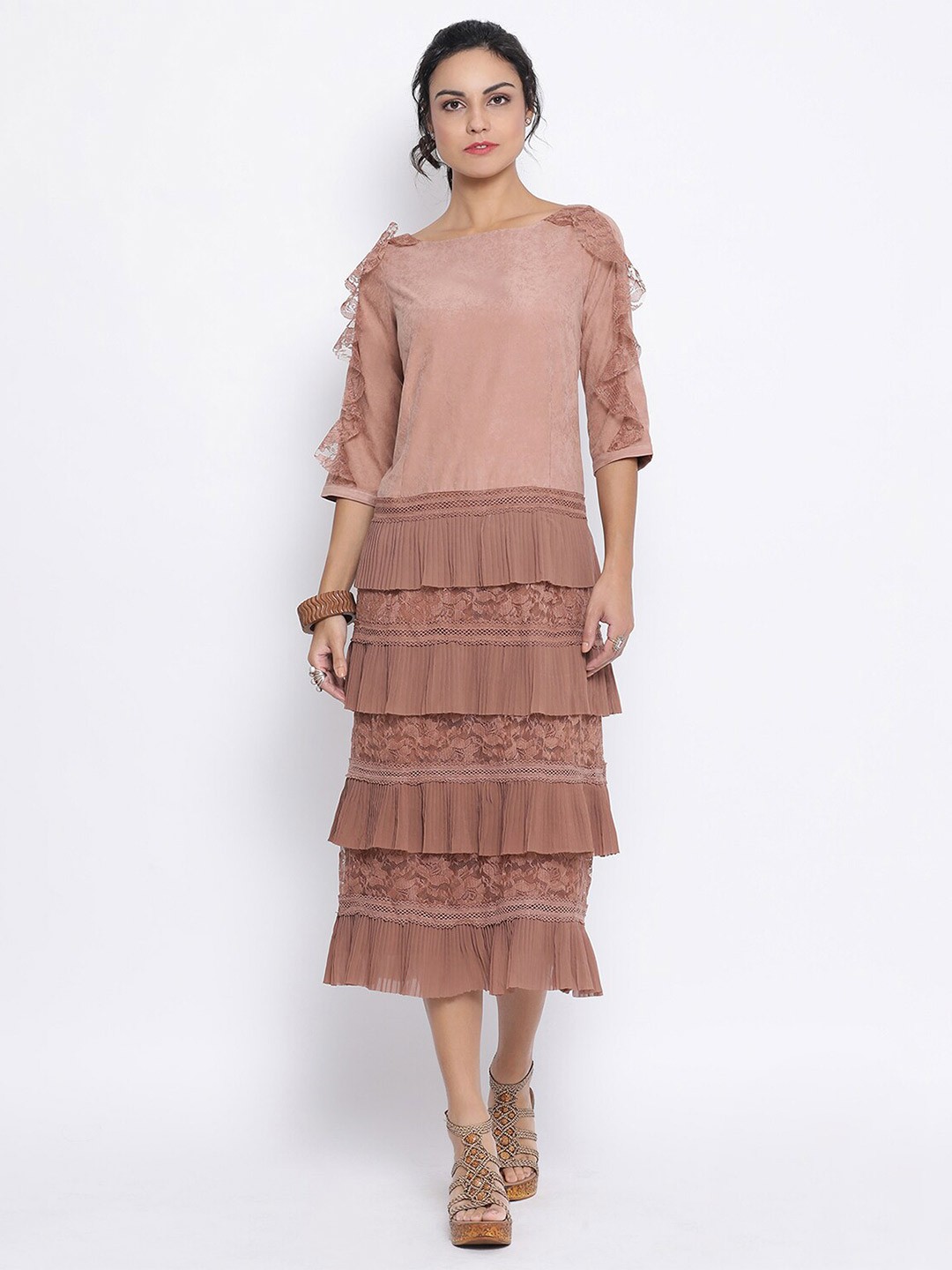 

LELA Pink Leather Drop-Waist Midi Dress With Frill at Bottom