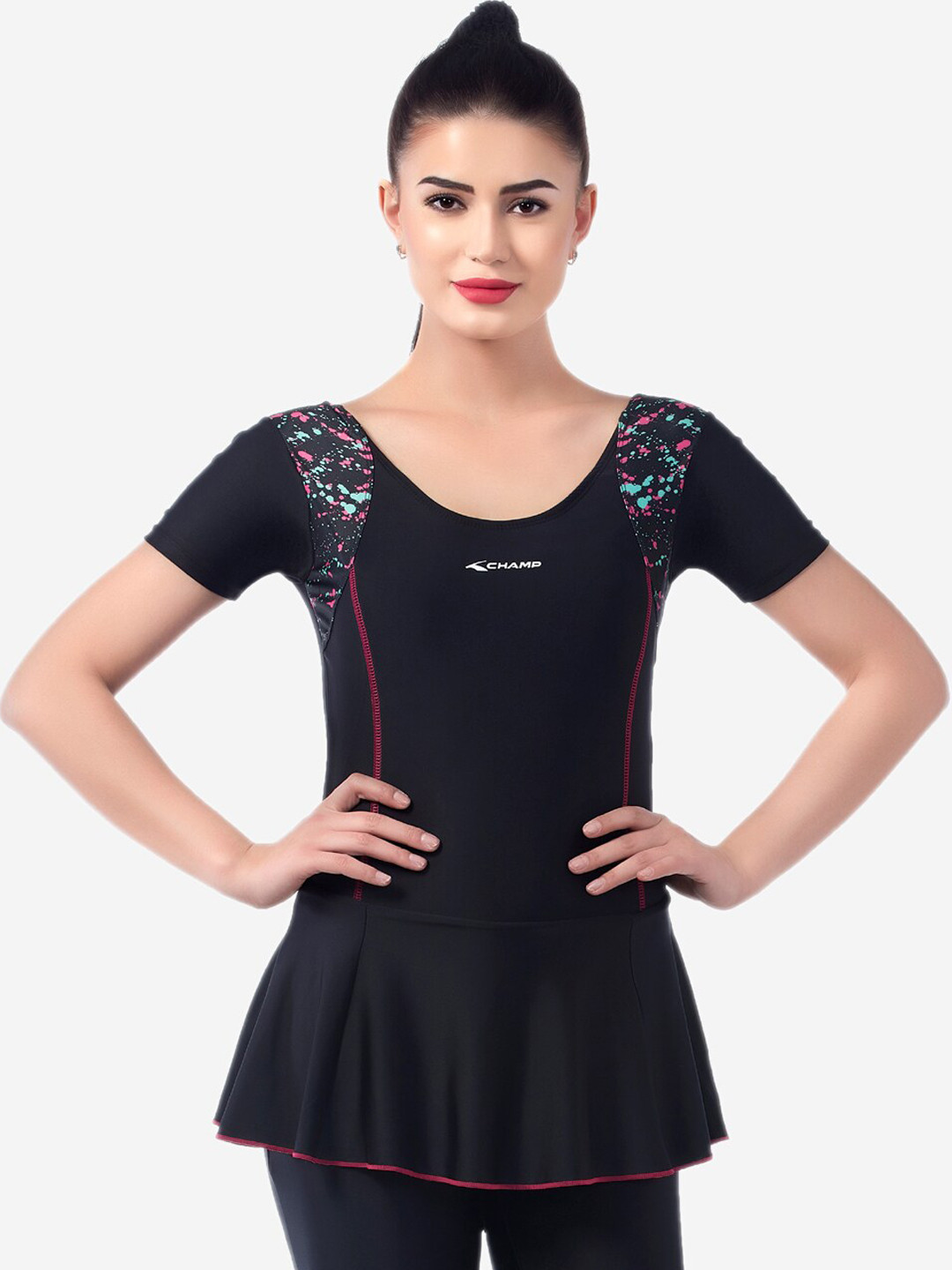 

VELOZ Women Black Solid Swimming Dress With Attached Shorts