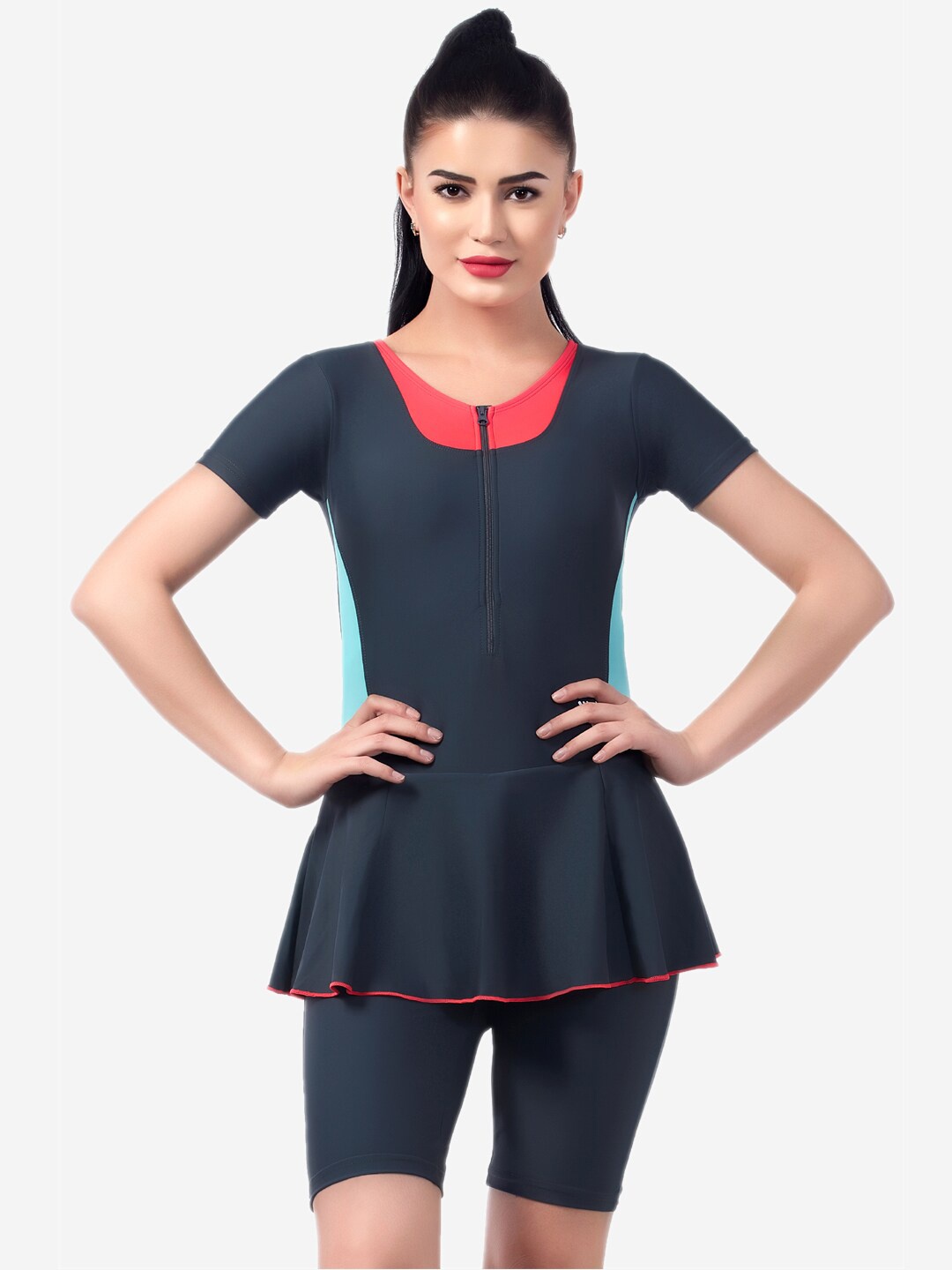 

VELOZ Women Grey Solid Padded Swimming Dress With Attached Shorts