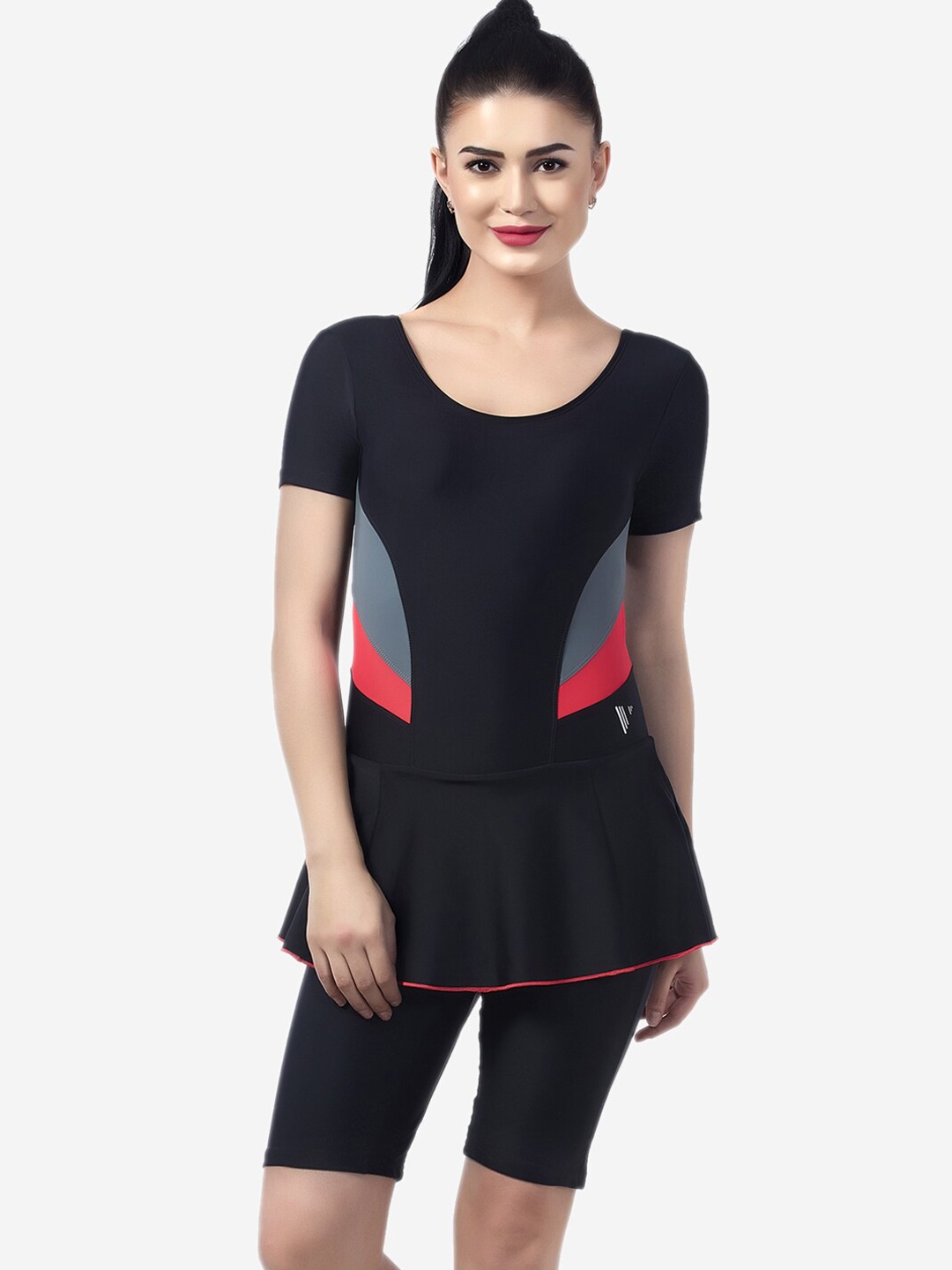 

VELOZ Women Black Solid Padded Swimming Dress With Attached Shorts