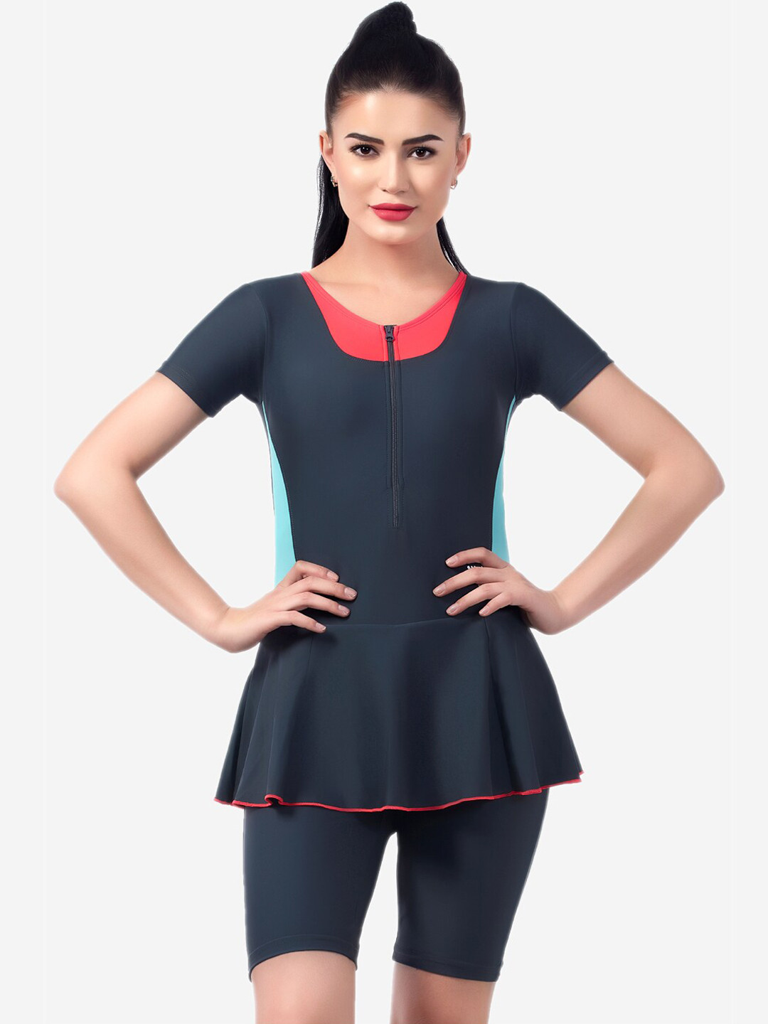 

VELOZ Women Grey Solid Padded Swimming Dress With Attached Shorts