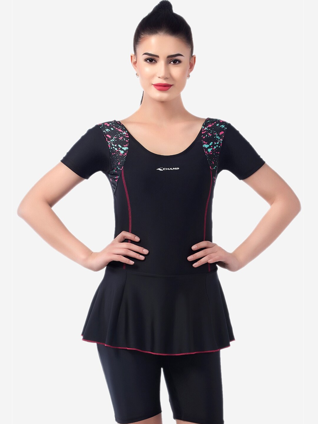

VELOZ Women Black Solid Swimming Dress With Attached Shorts