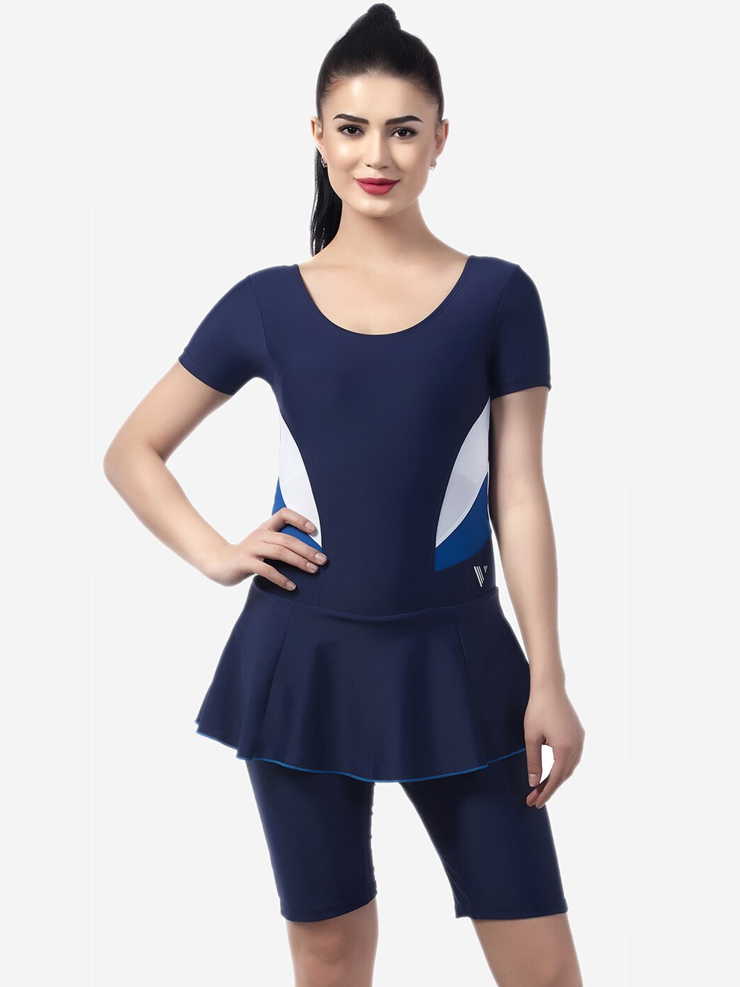 

VELOZ Women Blue Solid Padded Swimming Dress With Attached Shorts