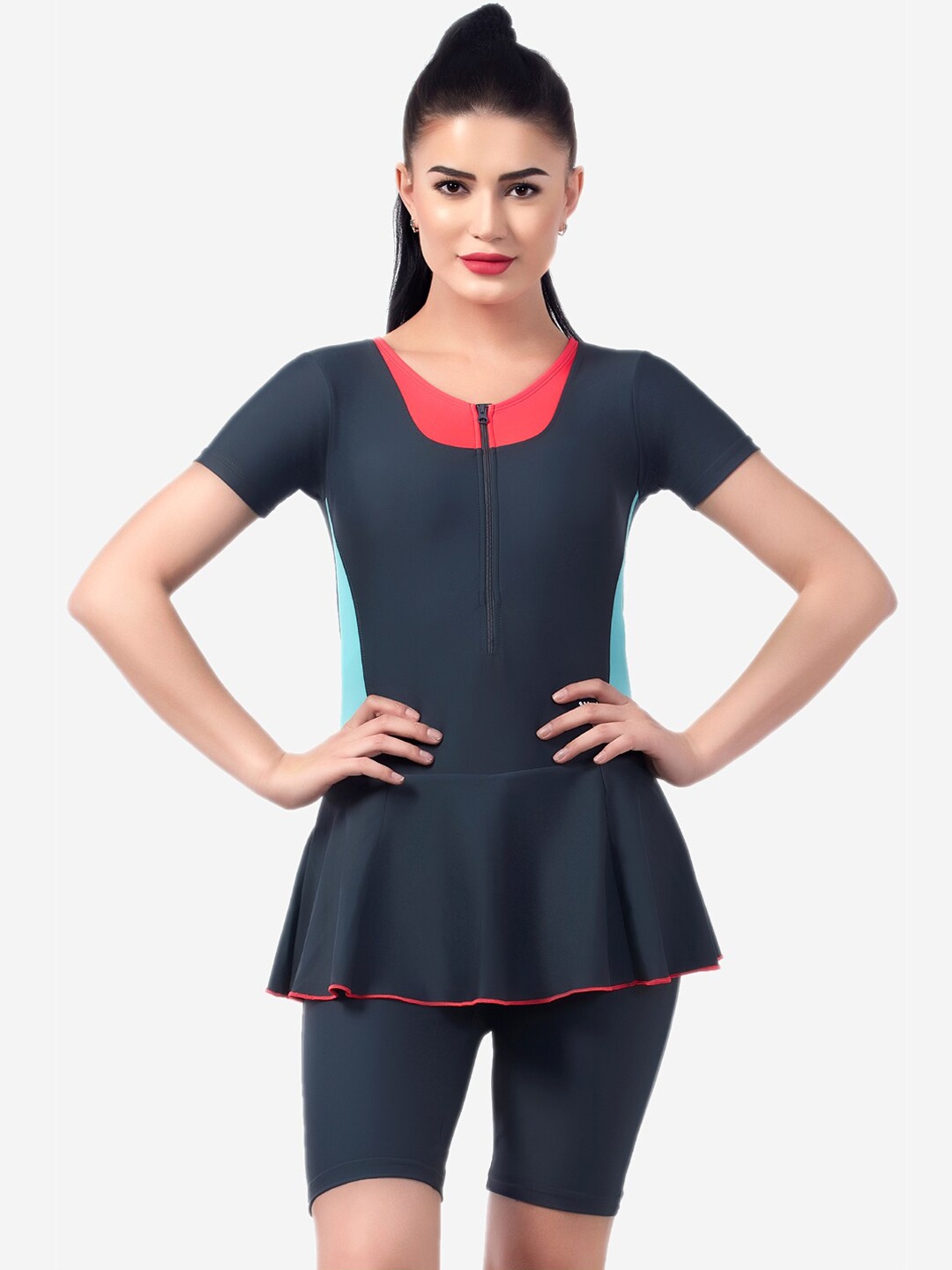 

VELOZ Women Grey & Blue Solid Swimming Dress