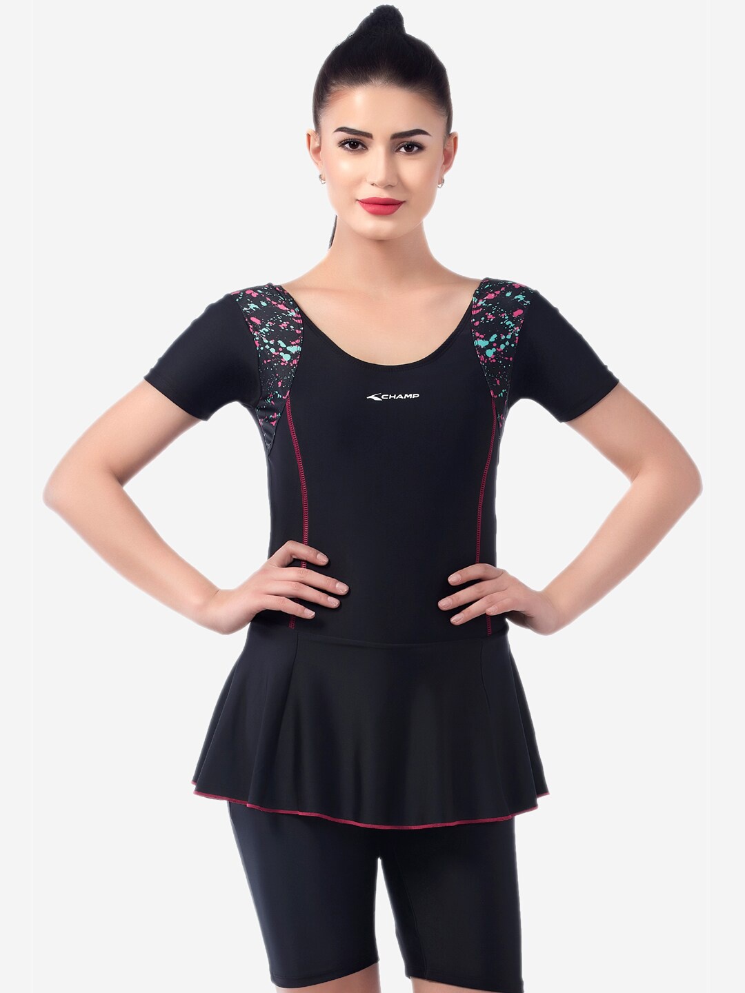 

VELOZ Women Black Solid Swimming Dress With Attached Tights