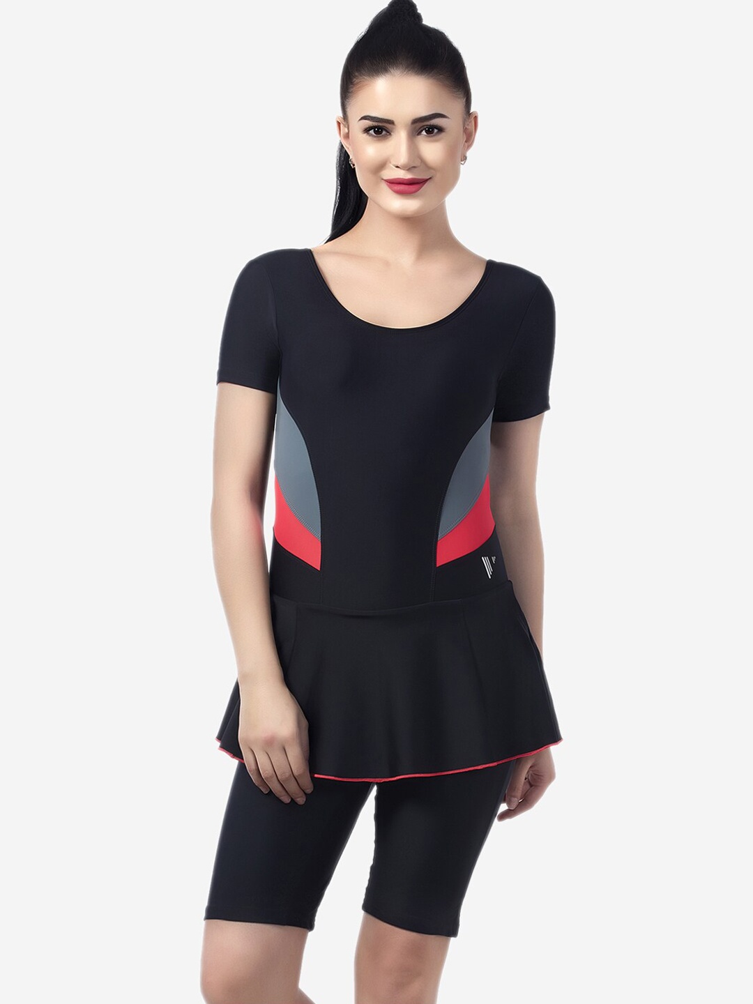 

VELOZ Women Black Solid Padded Swimming Dress With Attached Shorts