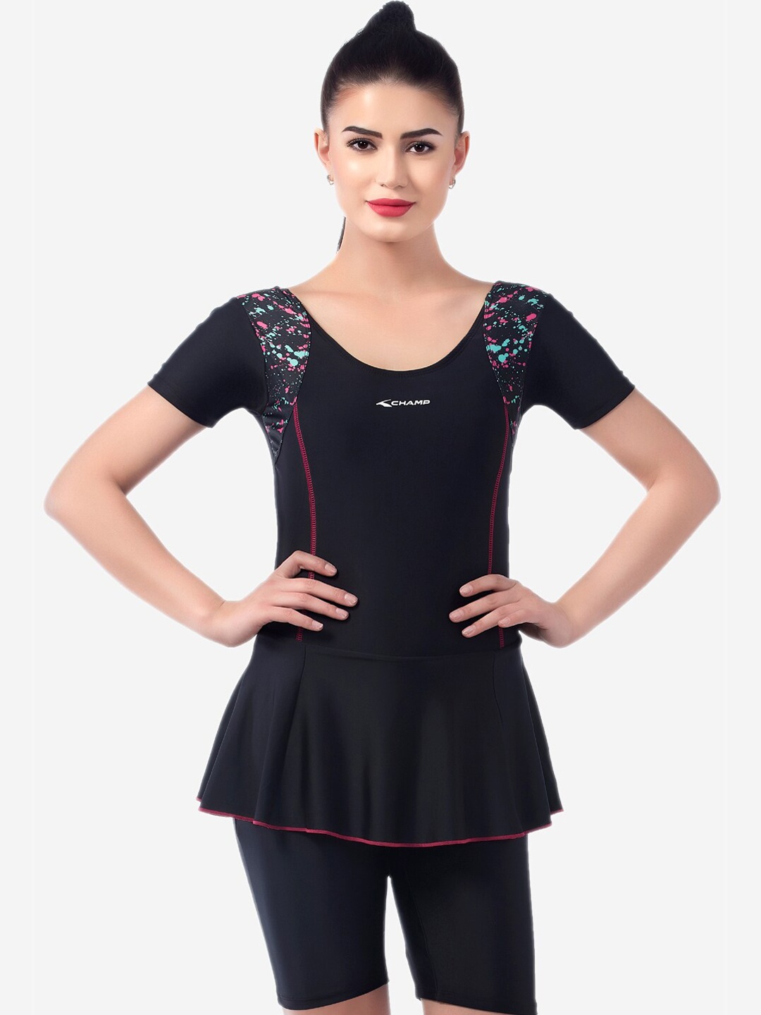 

VELOZ Women Black Solid Swimming Dress With Attached Shorts