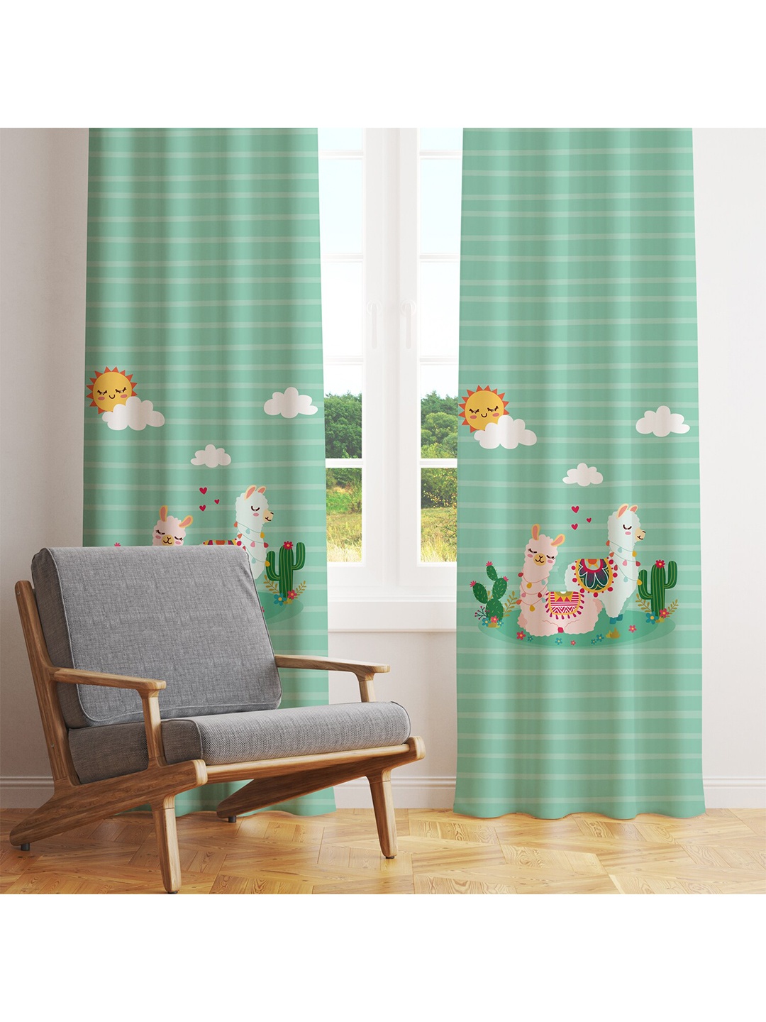 

STYBUZZ Sea Green & White Set of 2 Quirky Printed Room Darkening Door Curtain