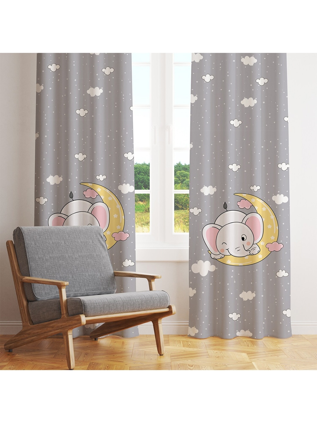 

STYBUZZ Grey & White Satin Set of 2 Elephant On Moon Room Darkening Window Curtain