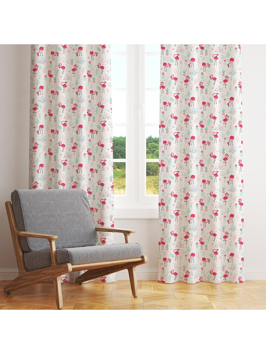 

STYBUZZ White & Red Pink Flamingos Set of 2 Quirky Room Darkening Window Curtain