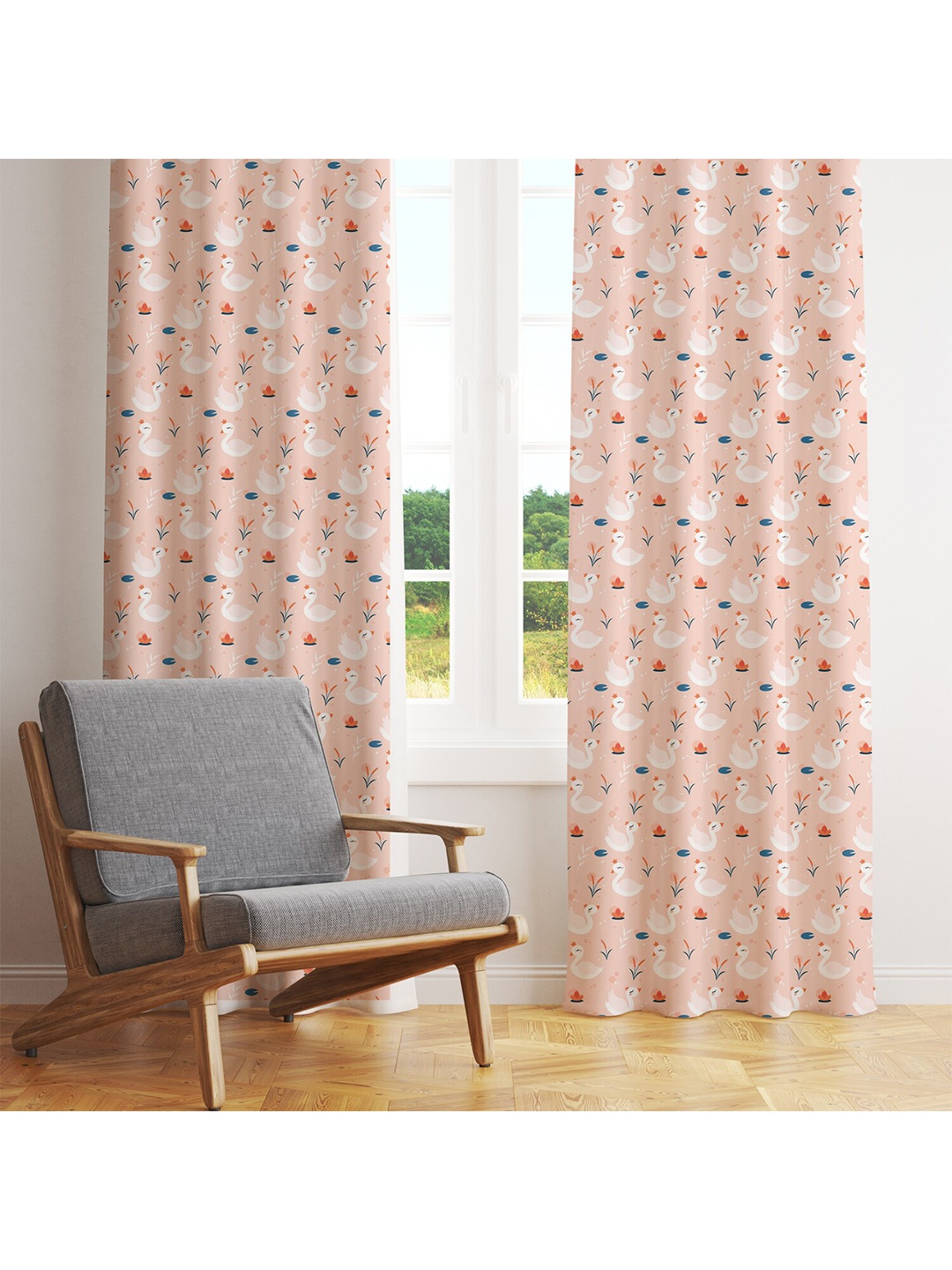 

STYBUZZ Peach-Coloured & White Set of 2 Quirky Room Darkening Window Curtain