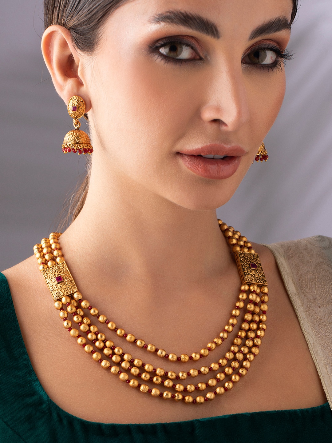 

Rubans Gold-Plated & Pink Stone Studded Layered Jewellary Set