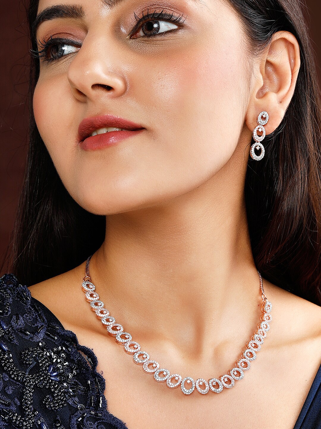 

Rubans Rose Gold-Plated White CZ-Studded Jewellery Set