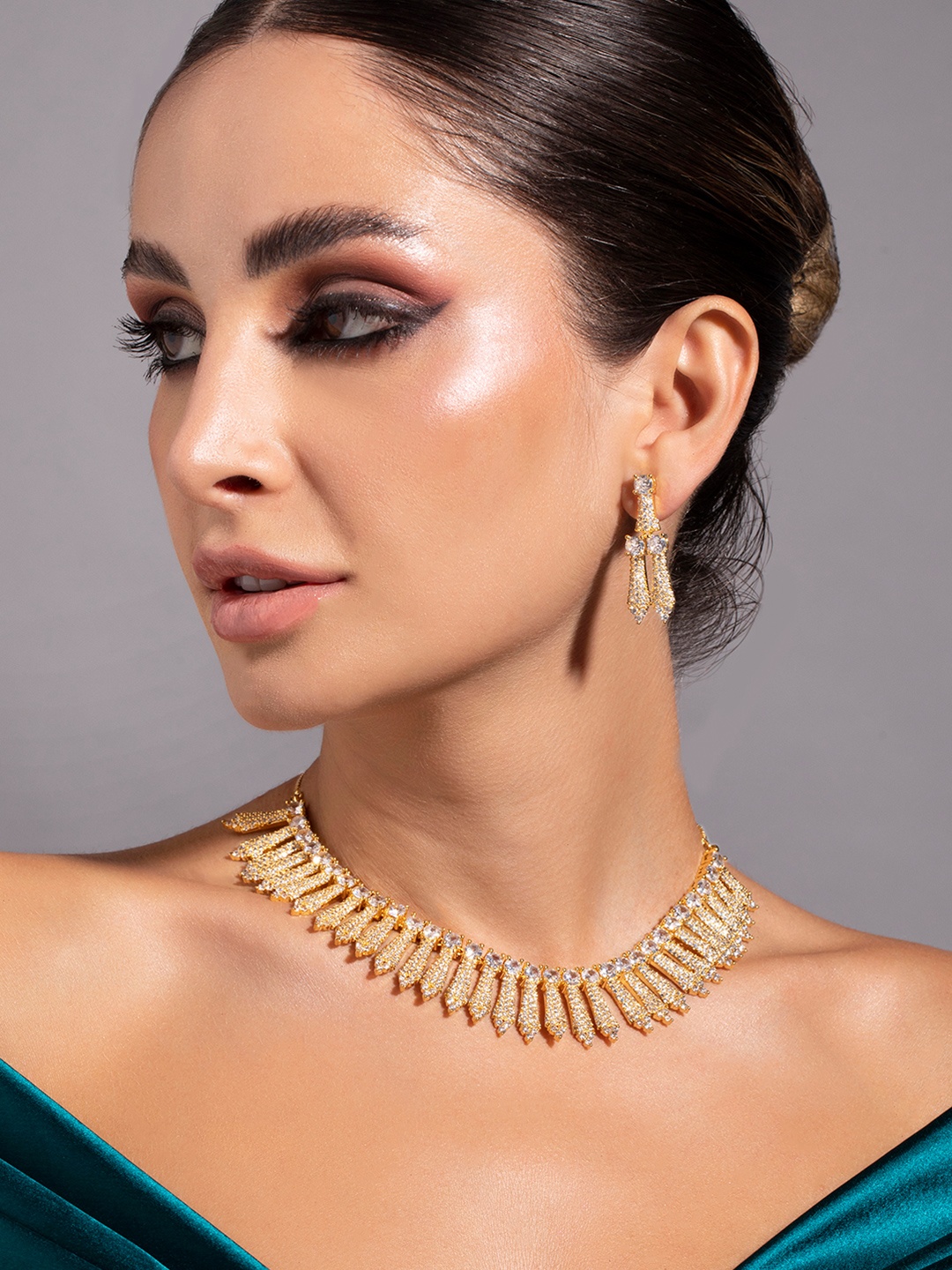 

Rubans Gold-Plated White Handcrafted AD-Studded Jewellery Set