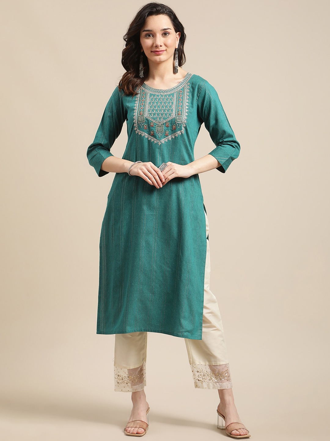 

KSUT Women Turquoise Blue Yoke Design Kurta