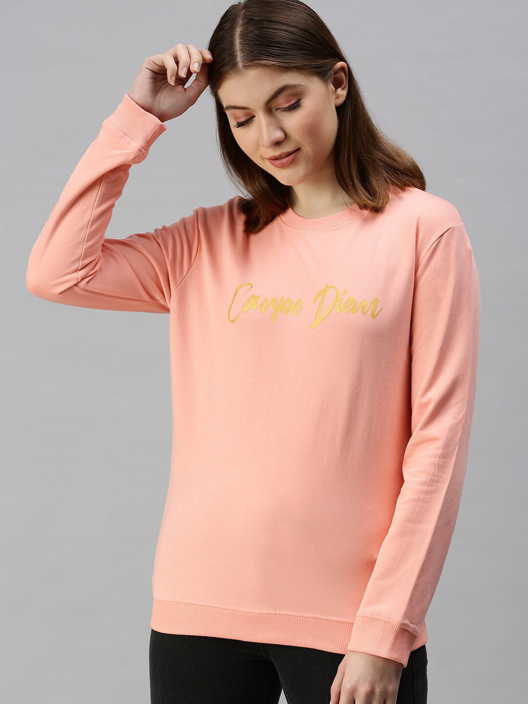 

De Moza Women Peach-Coloured Printed Pure Cotton Sweatshirt