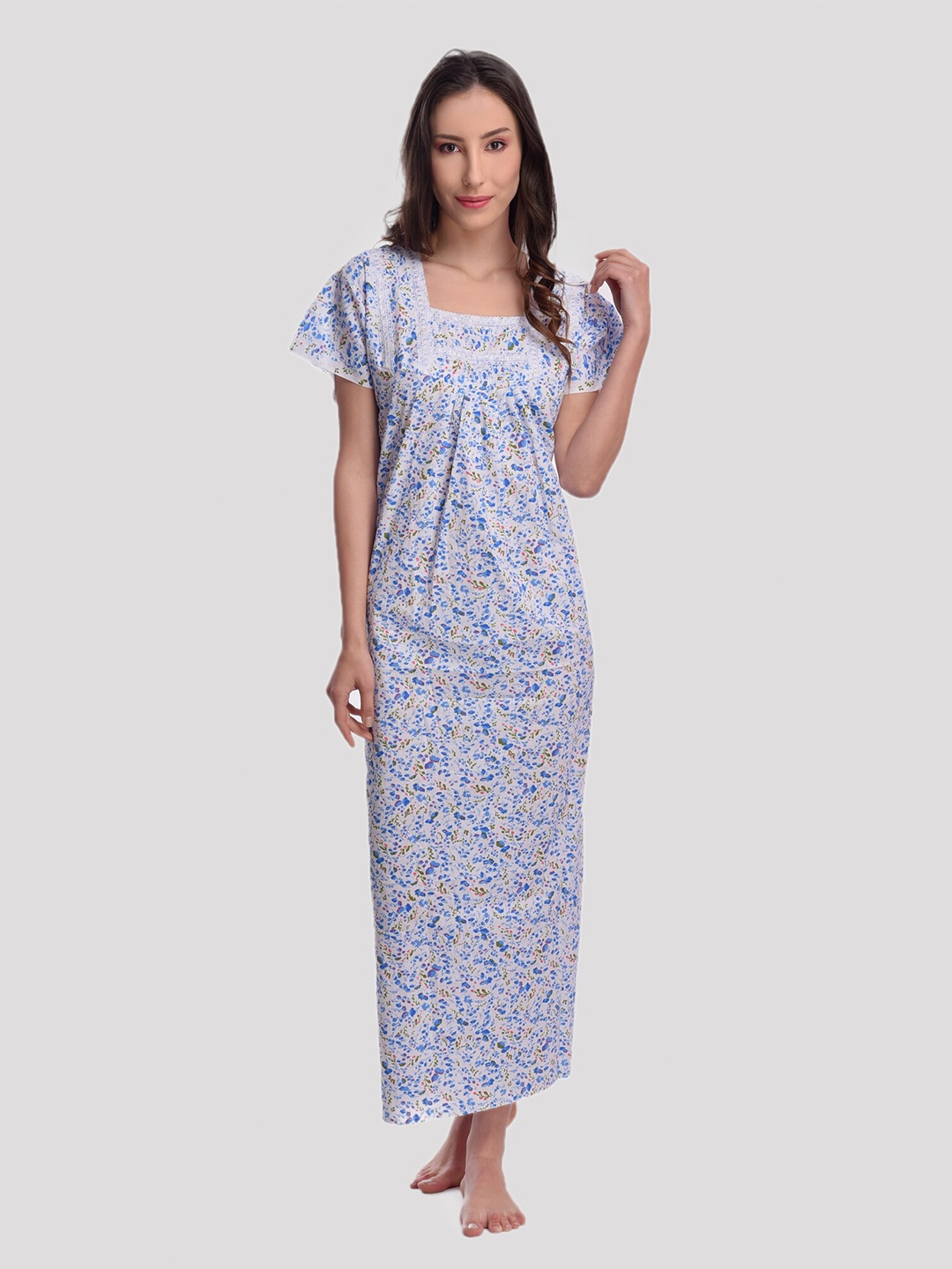 

CIERGE Blue Printed Maxi Pure Cotton Nightdress