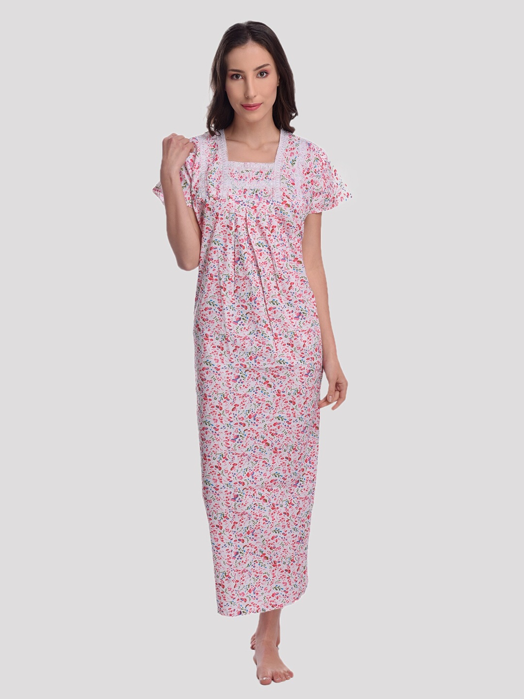 

CIERGE Pink Printed Maxi Pure Cotton Nightdress