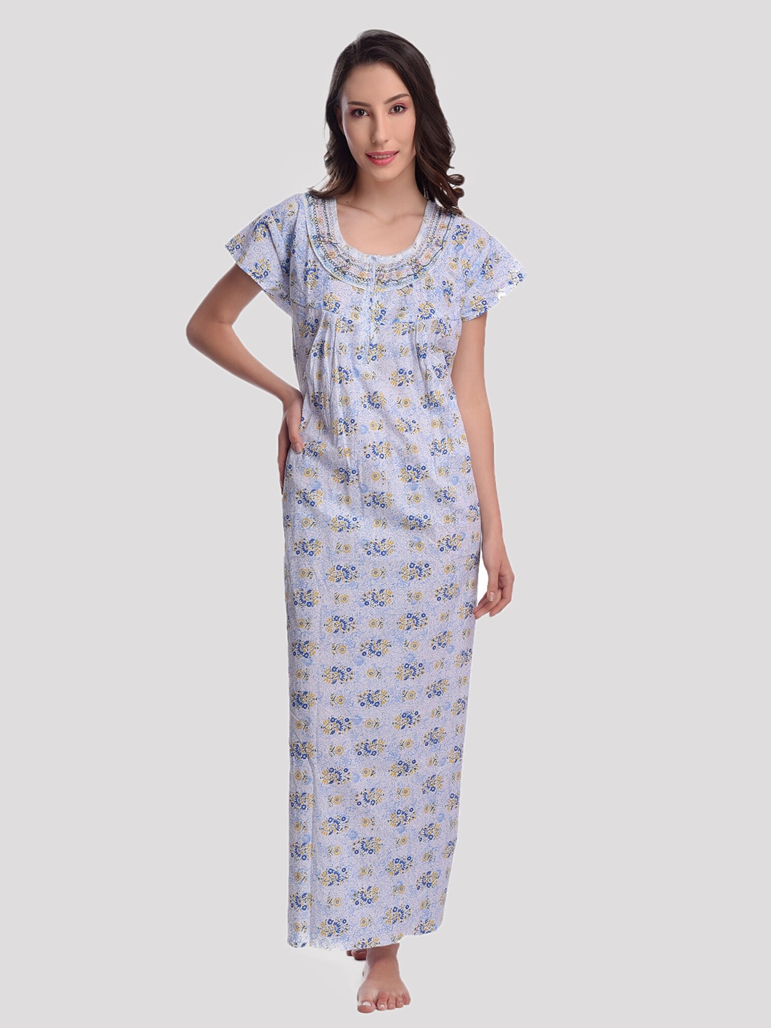 

CIERGE Blue Printed Pure Cotton Maxi Nightdress
