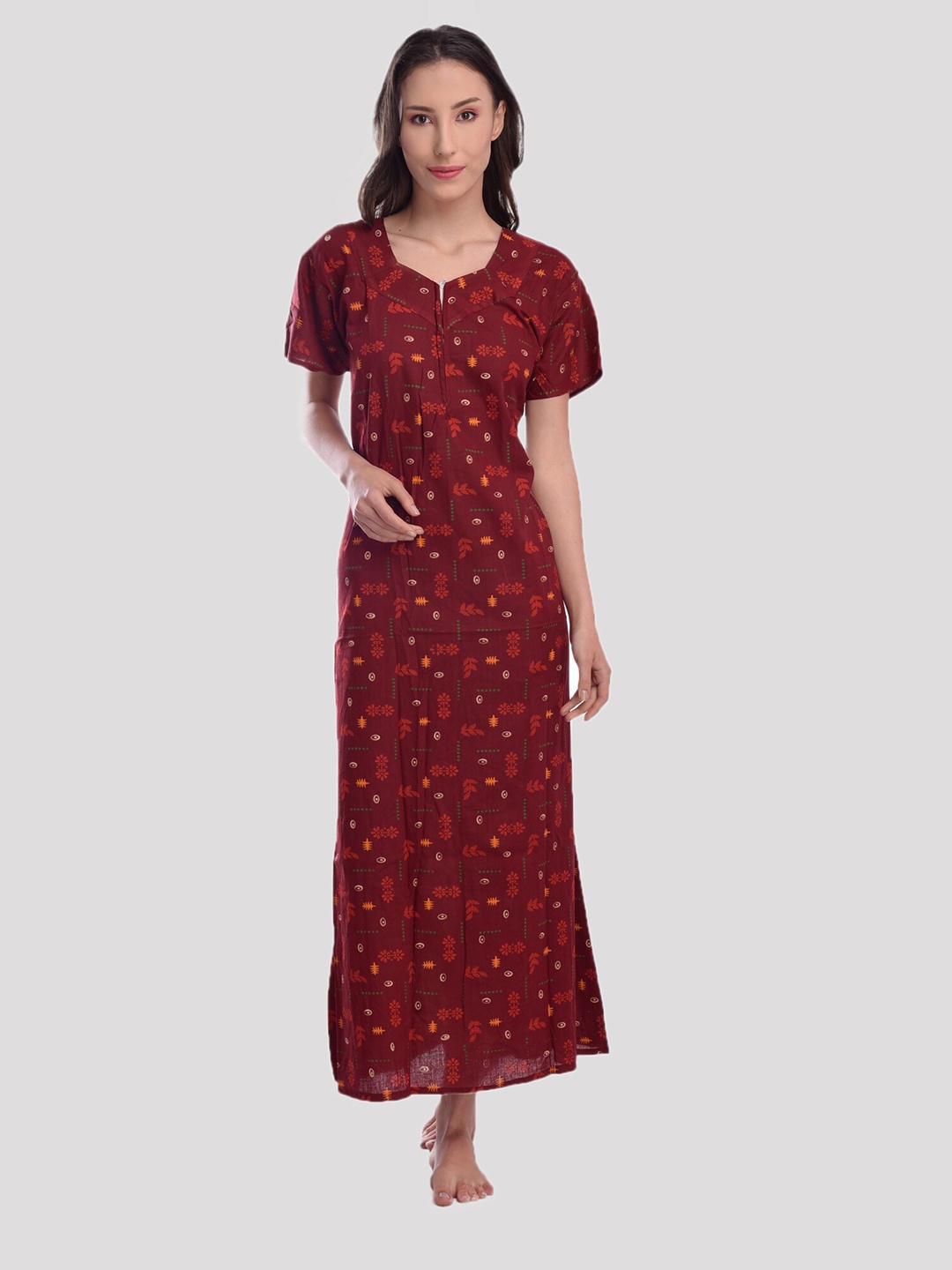 

CIERGE Brown & Orange Printed Pure Cotton Maxi Nightdress