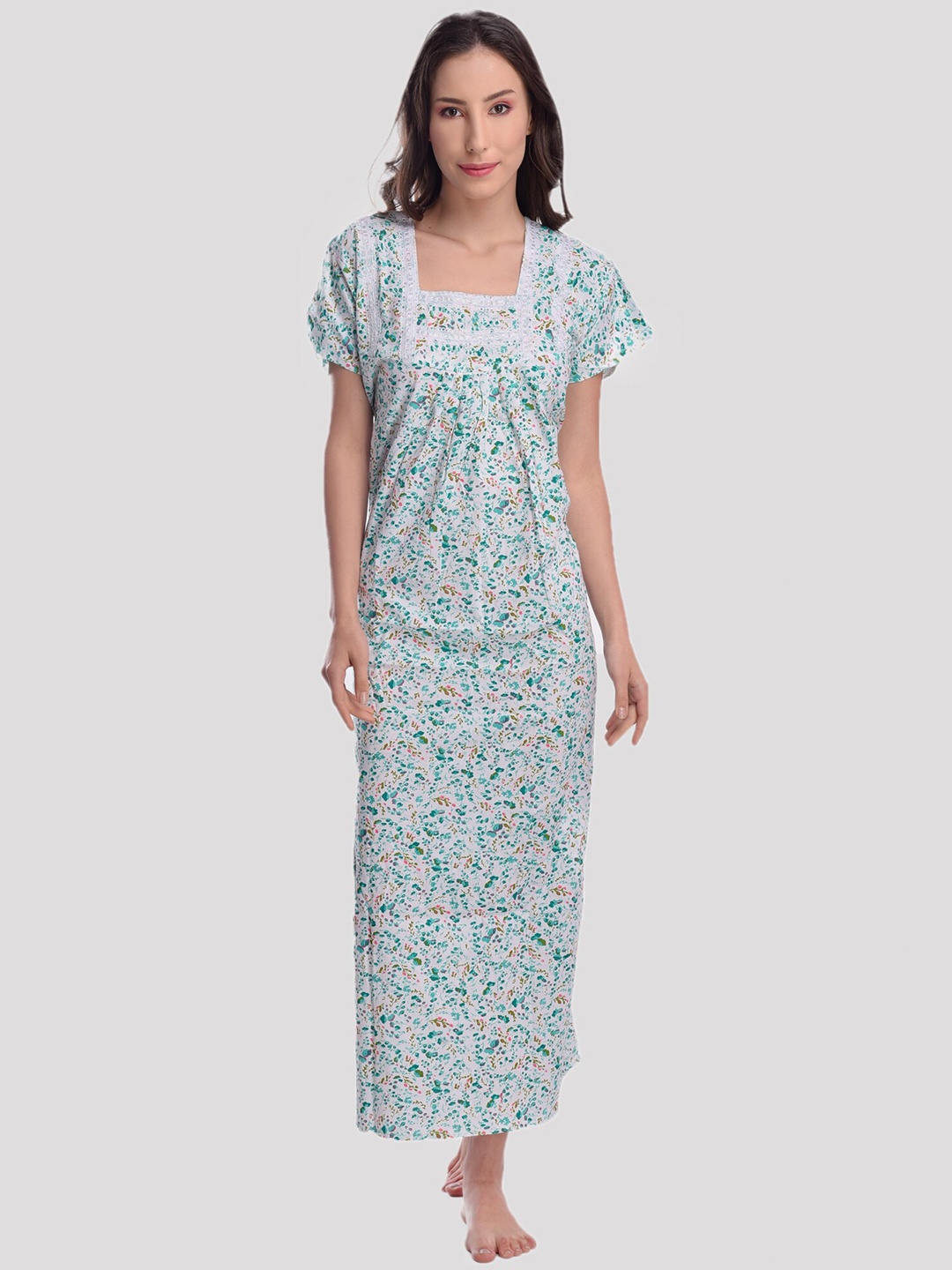 

CIERGE Green & White Floral Printed Pure Cotton Maxi Nightdress