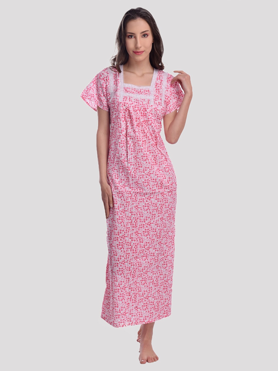 

CIERGE Pink Printed Pure Cotton Maxi Nightdress