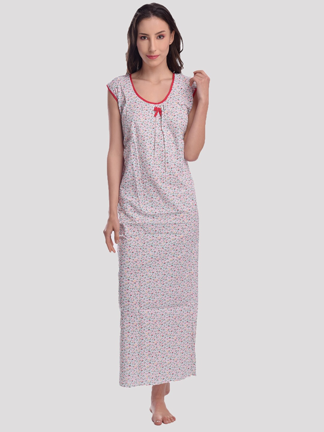 

CIERGE Grey & Red Printed Pure Cotton Maxi Nightdress