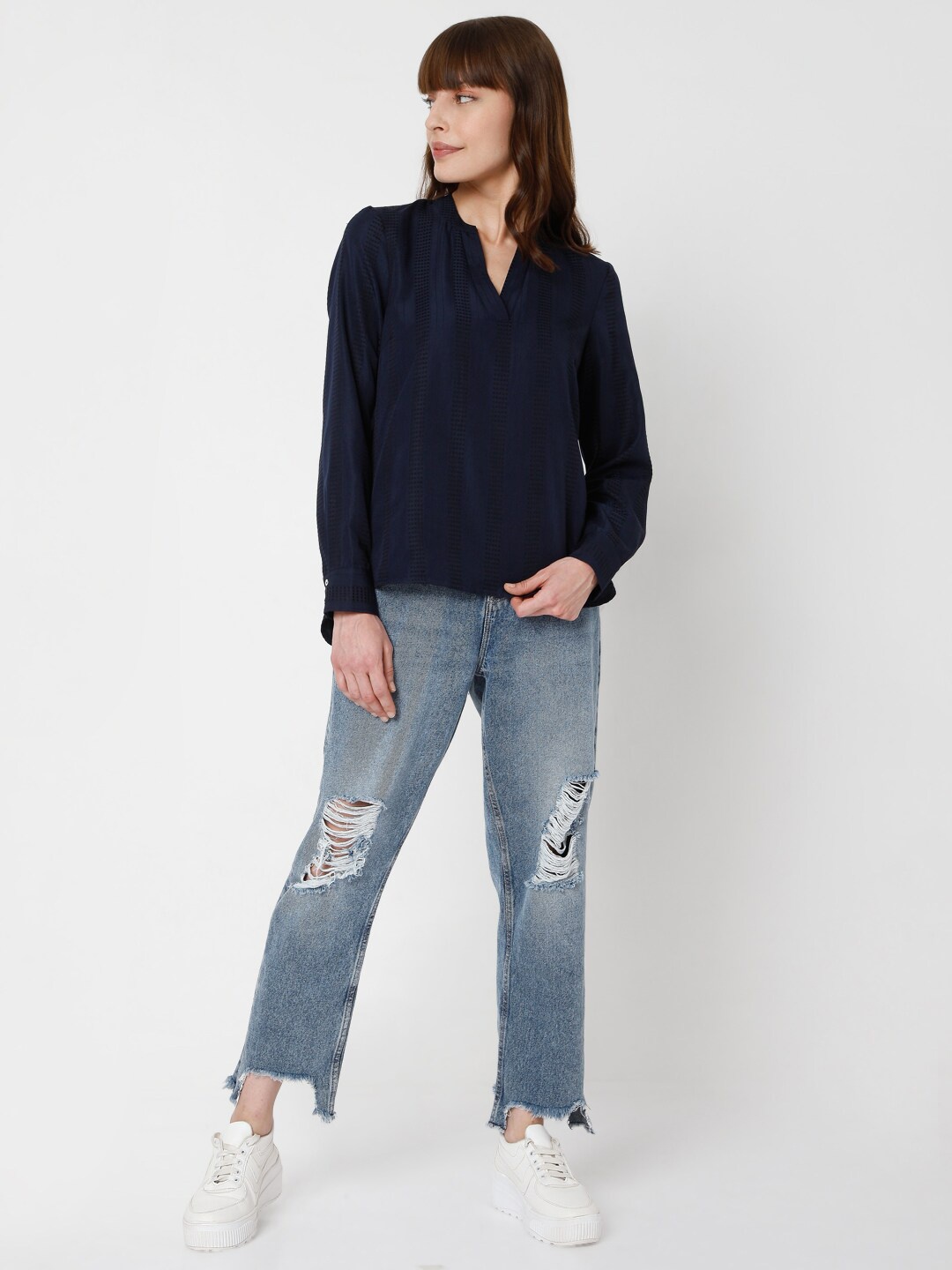 

Vero Moda Navy Blue Striped Mandarin Collar Top