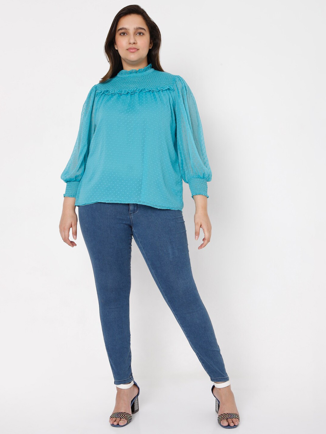 

VERO MODA CURVE Teal Blue Puff Sleeve Plus Size Top