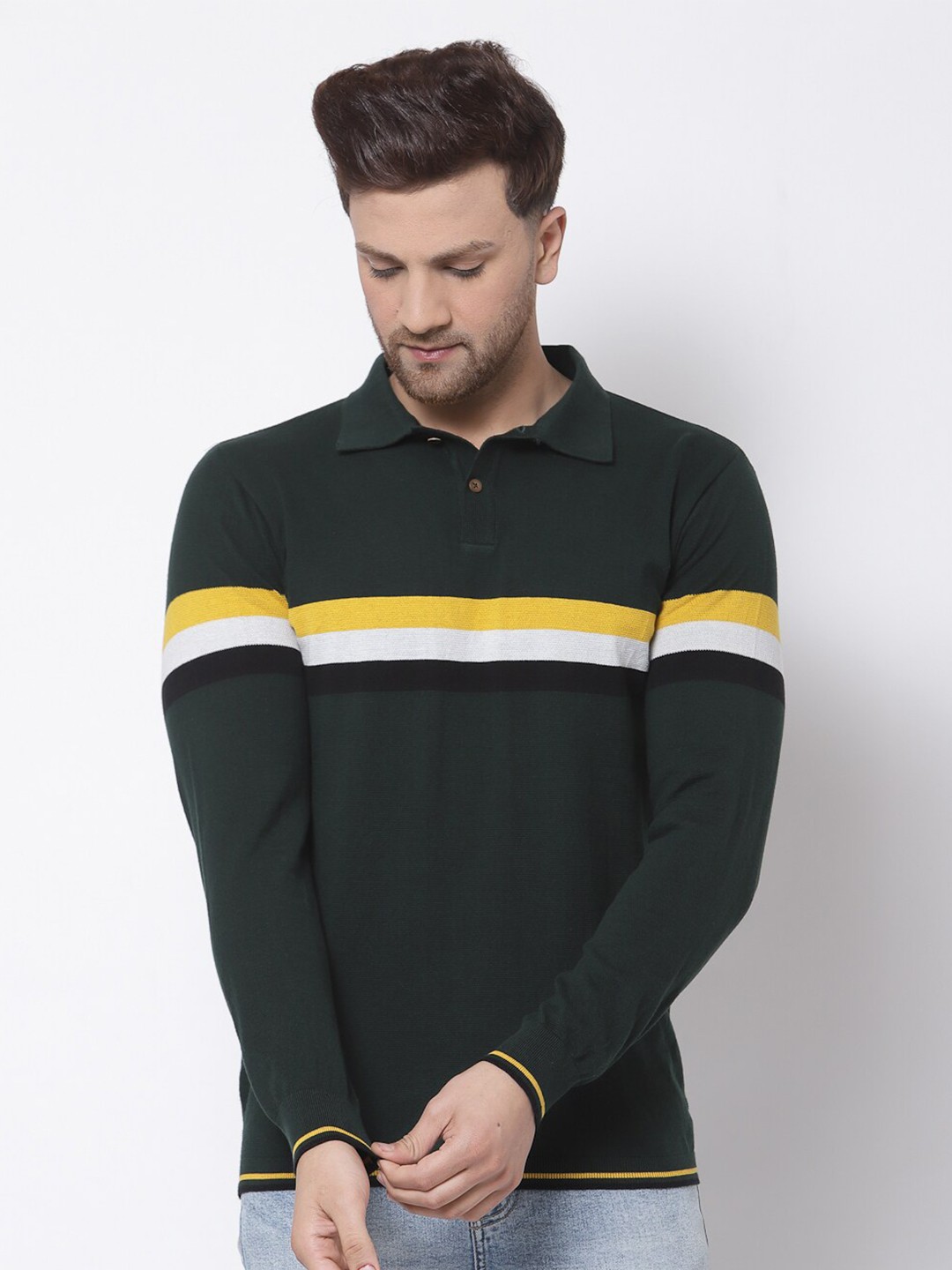 

Kalt Men Yellow Striped Polo Collar T-shirt