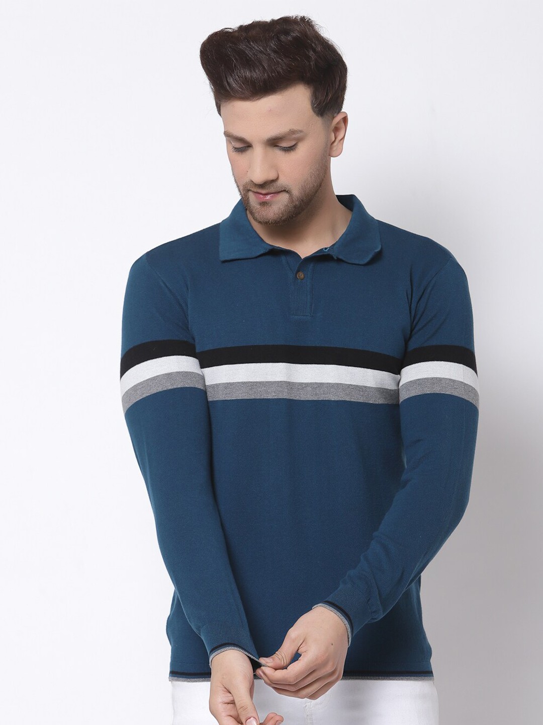 

Kalt Men Teal Striped Polo Collar T-shirt
