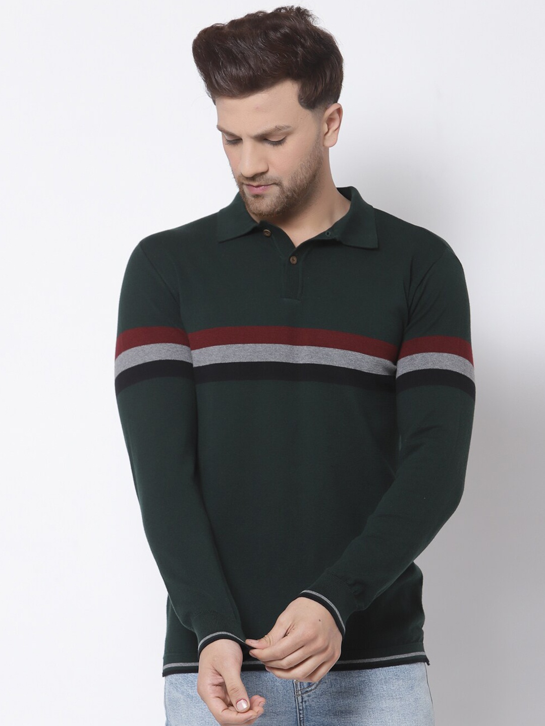 

Kalt Men Green Striped Polo Collar T-shirt