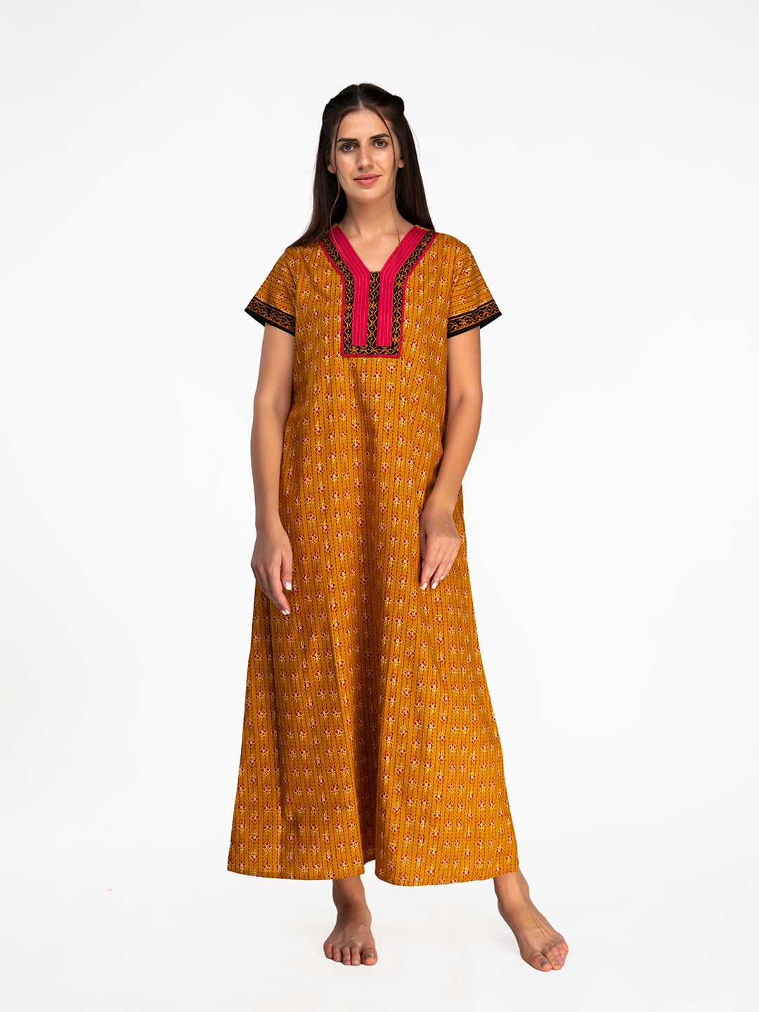 

evolove Mustard Printed Maxi Nightdress
