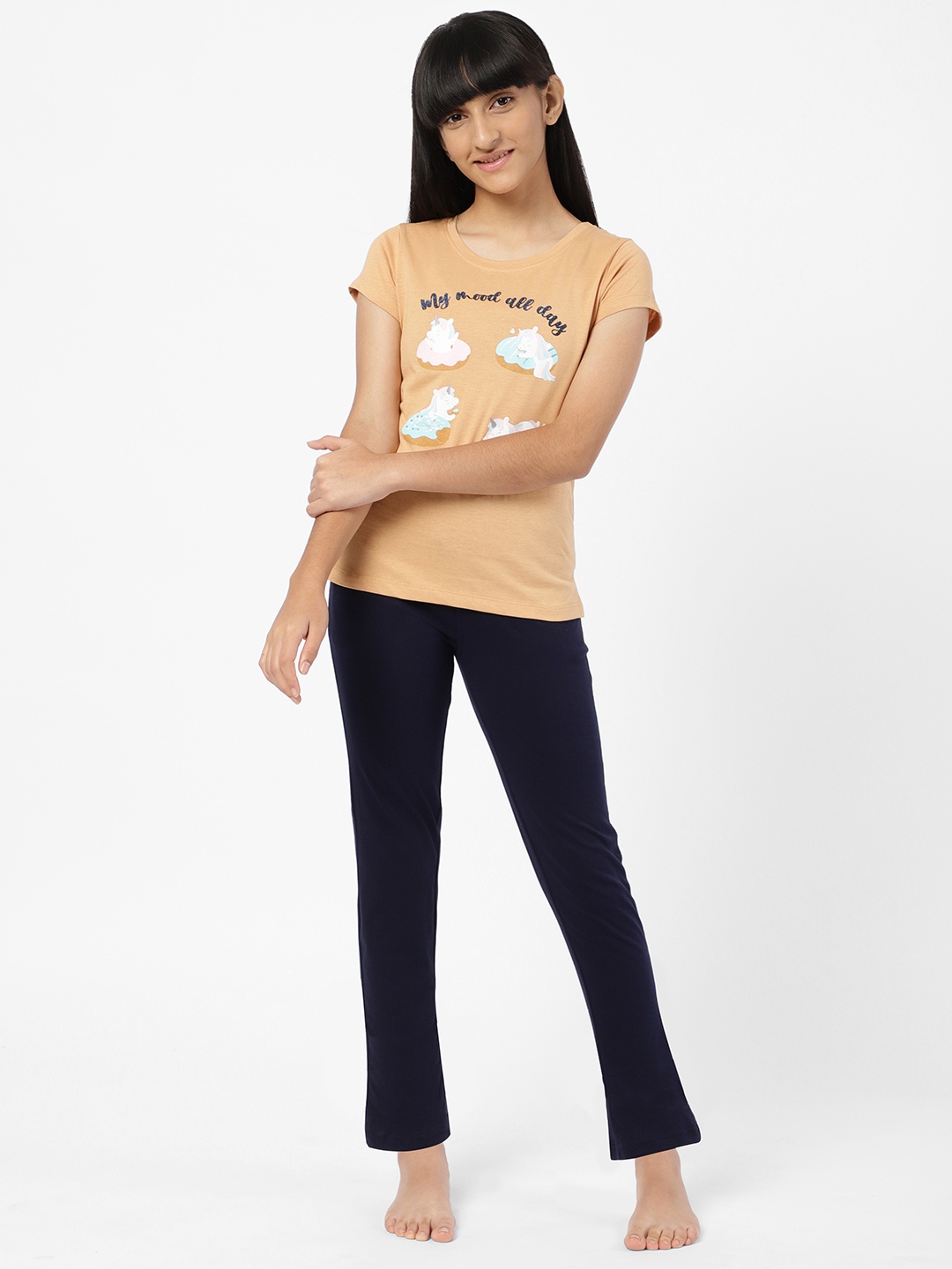 

Sweet Dreams Girls Beige & Black Printed Night Suit