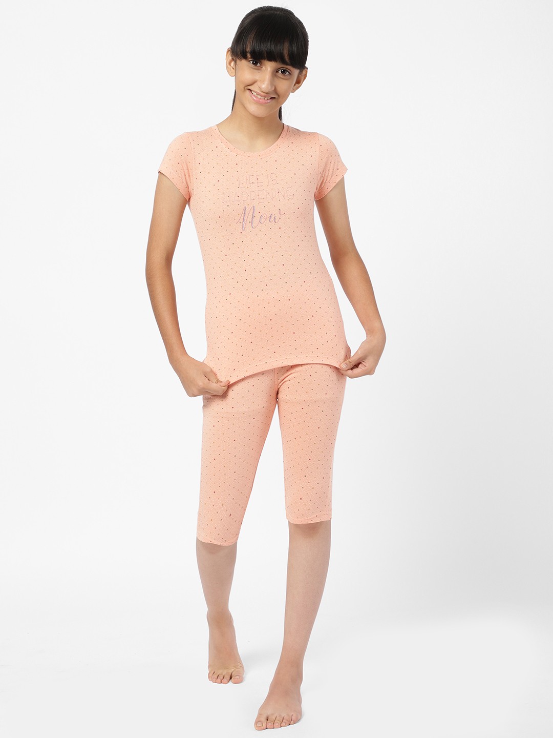 

Sweet Dreams Girls Peach-Coloured Printed Night suit