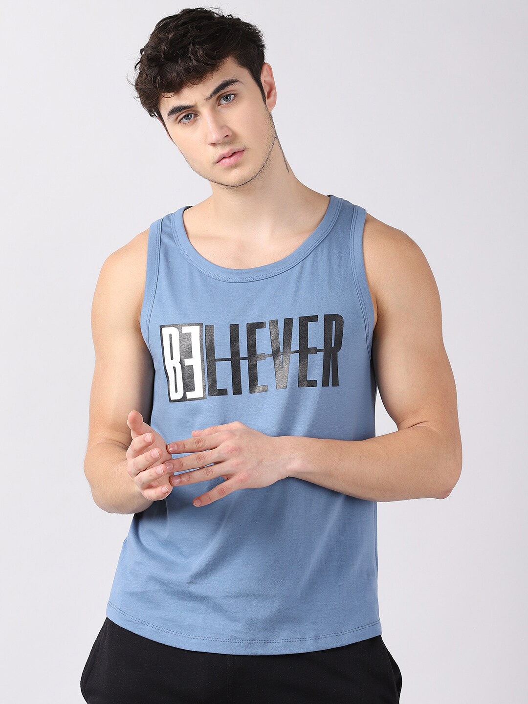 

Bushirt Men Turquoise Blue Typography Printed Raw Edge T-shirt