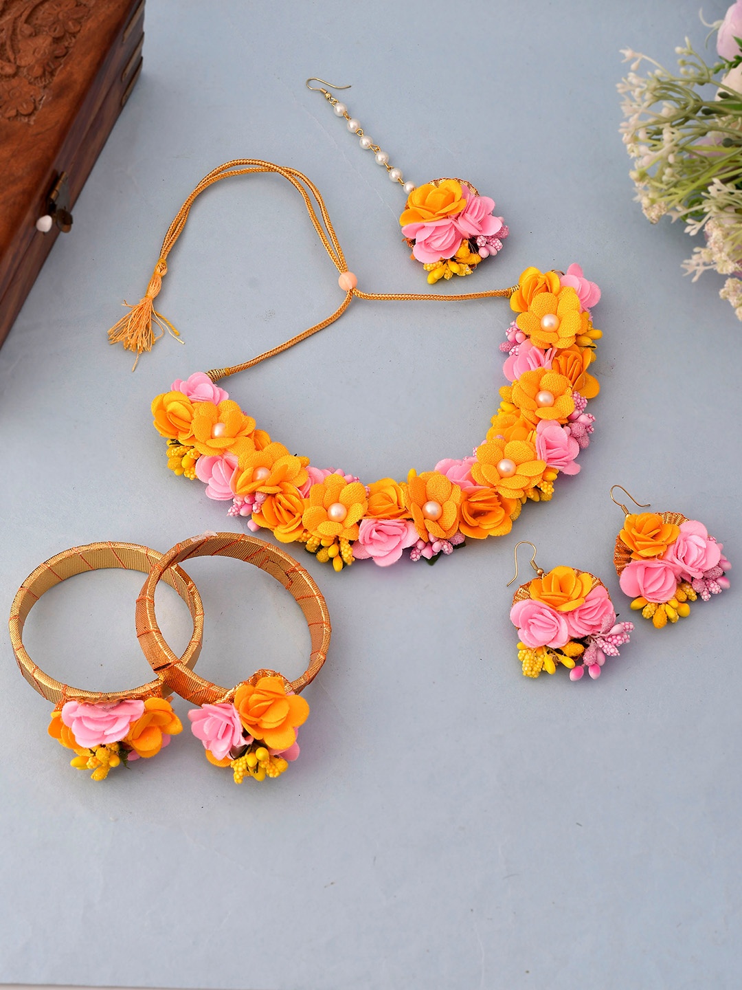 

Silvermerc Designs Rhodium Plated Yellow & Pink Haldi Flower Jewellery Set