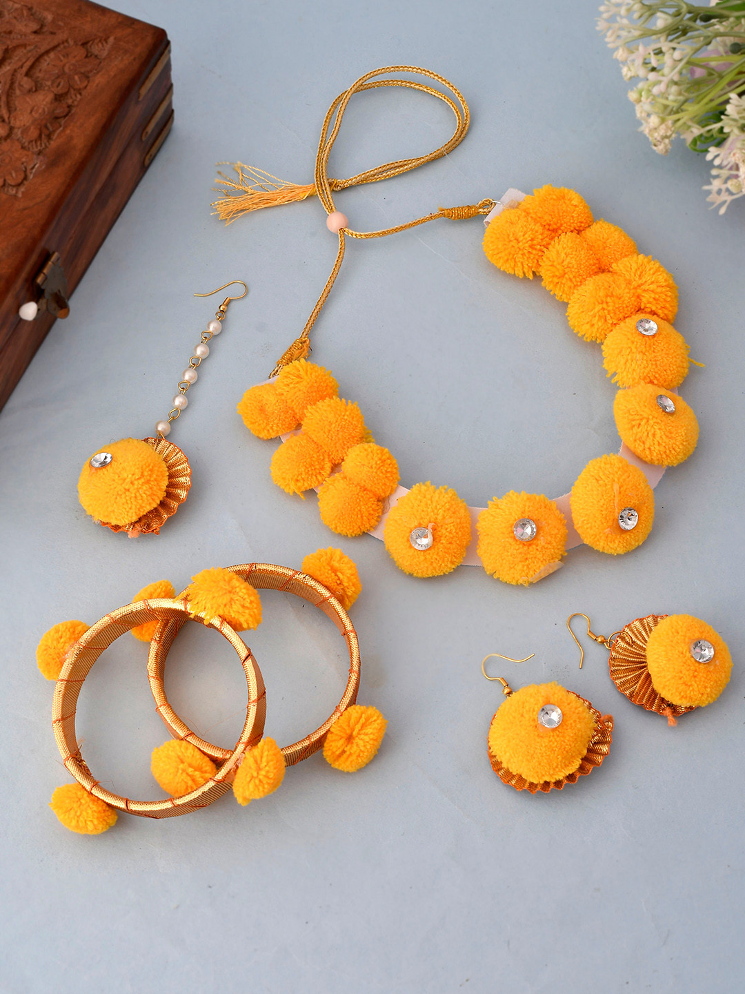 

Silvermerc Designs Rhodium-Plated & White Beaded Mehndi Haldi Flower Jewellery Set, Yellow