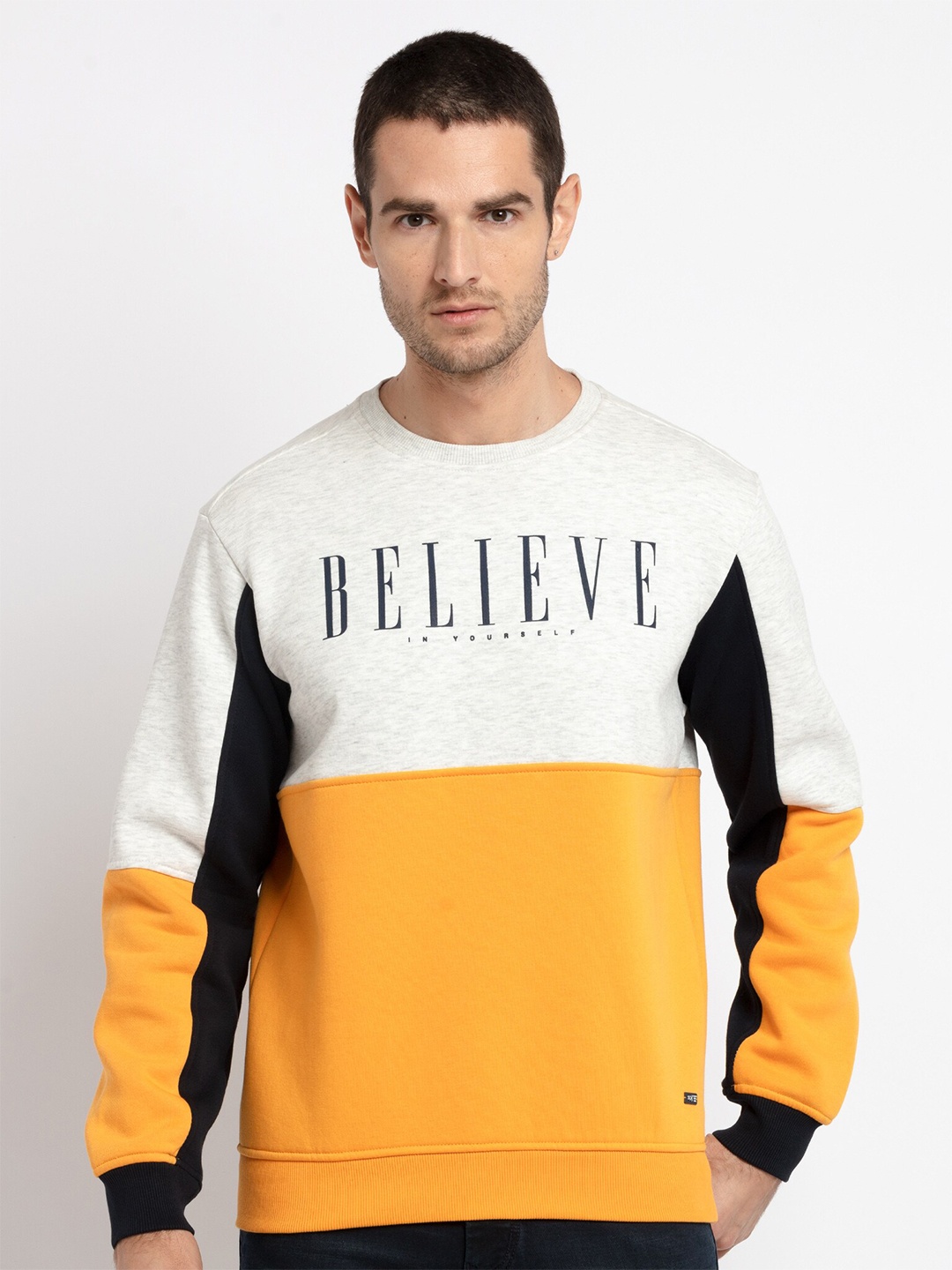 

Status Quo Men Grey Melange & Yellow Colourblocked Sweatshirt