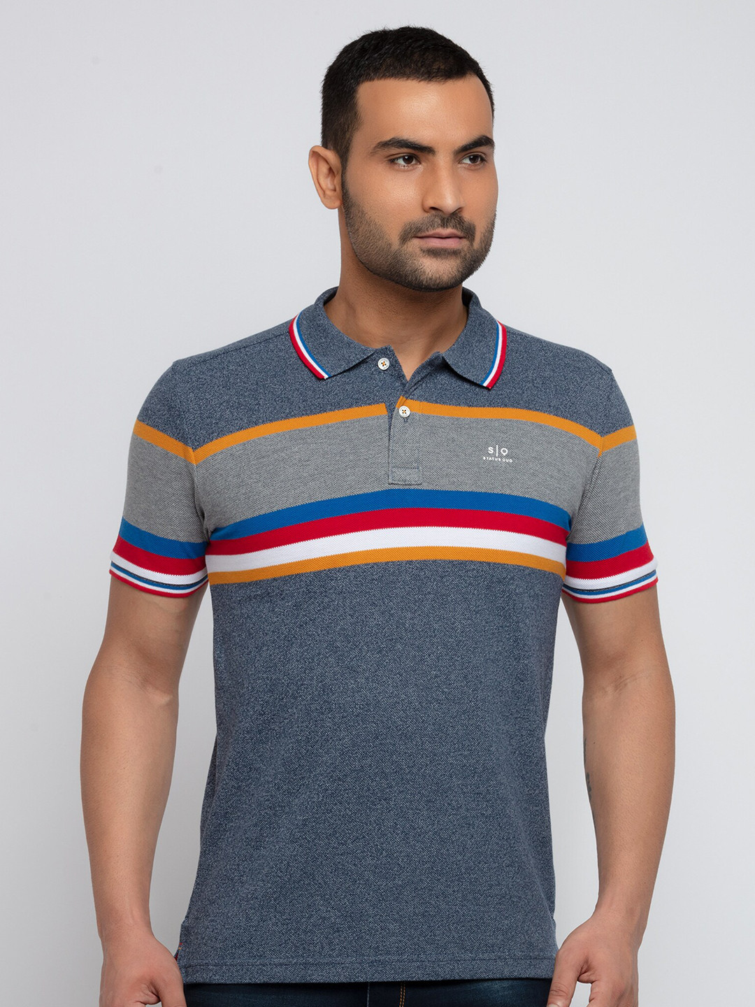 

Status Quo Men Navy Blue Striped Polo Collar Pockets T-shirt