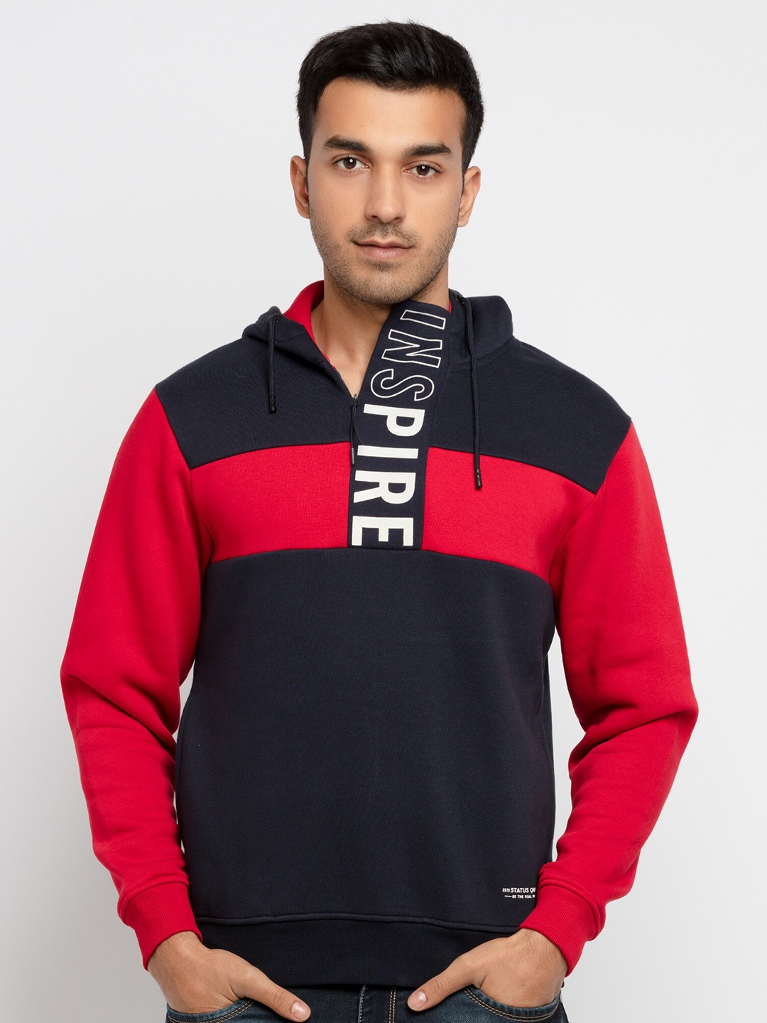 

Status Quo Men Navy Blue Colourblocked Hooded Sweatshirt