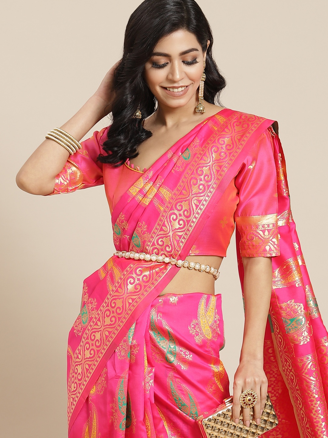 

SERONA FABRICS Pink Woven Design Banarasi Saree